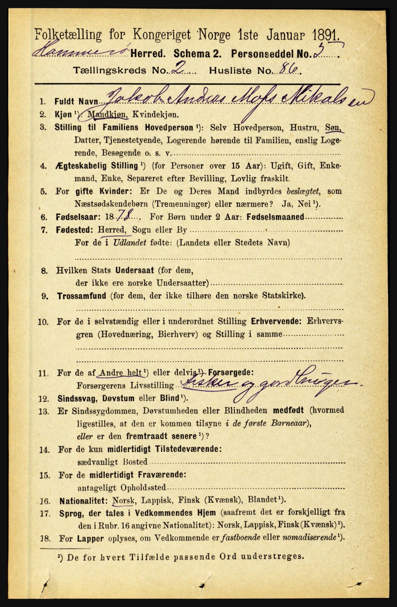 RA, 1891 census for 1849 Hamarøy, 1891, p. 1134