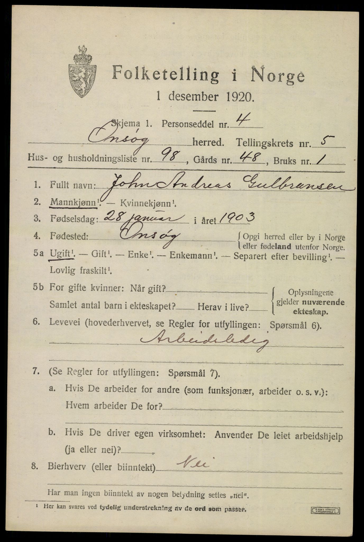 SAO, 1920 census for Onsøy, 1920, p. 7842