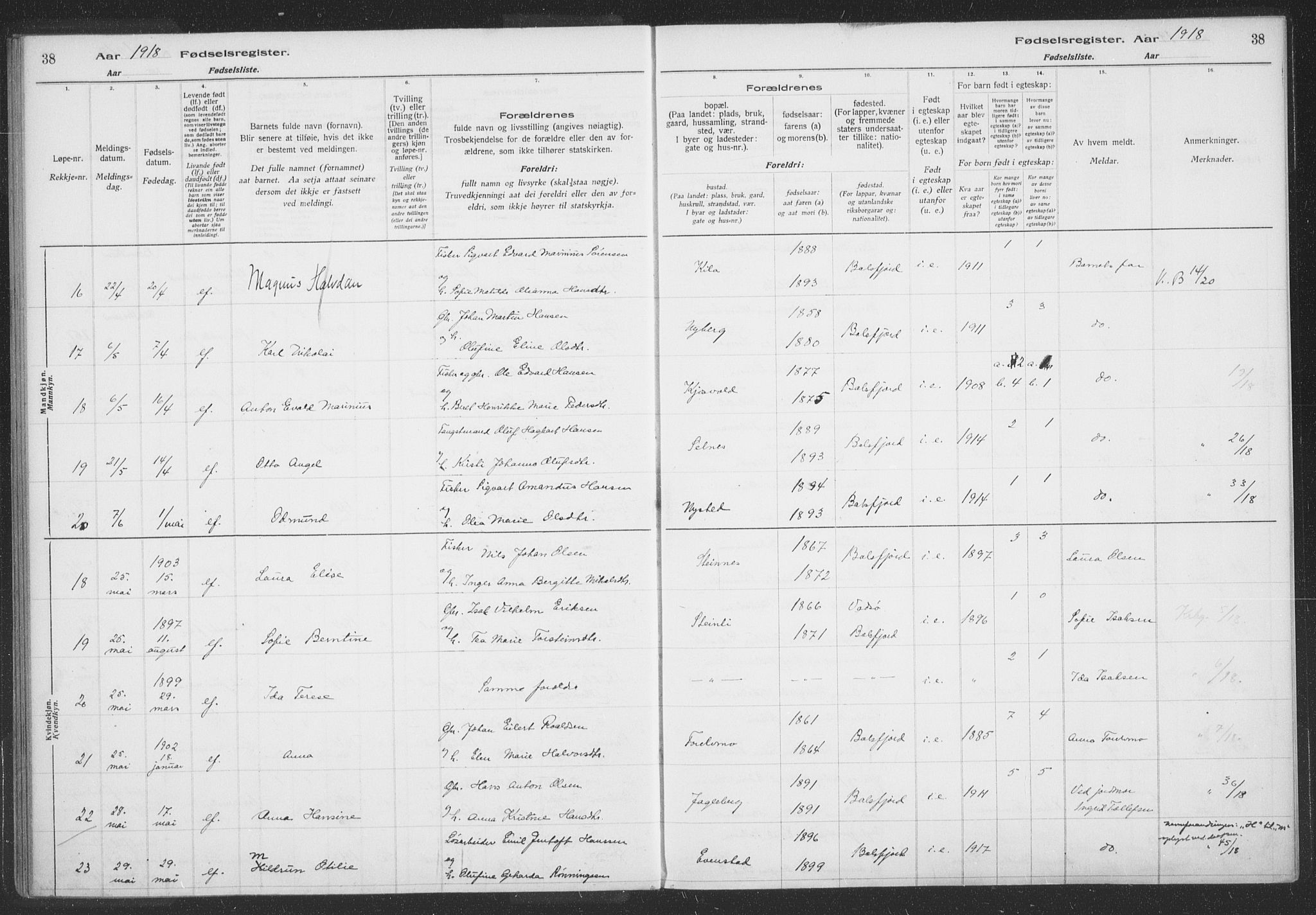 Balsfjord sokneprestembete, AV/SATØ-S-1303/H/Hb/L0059: Birth register no. 59, 1916-1930, p. 38