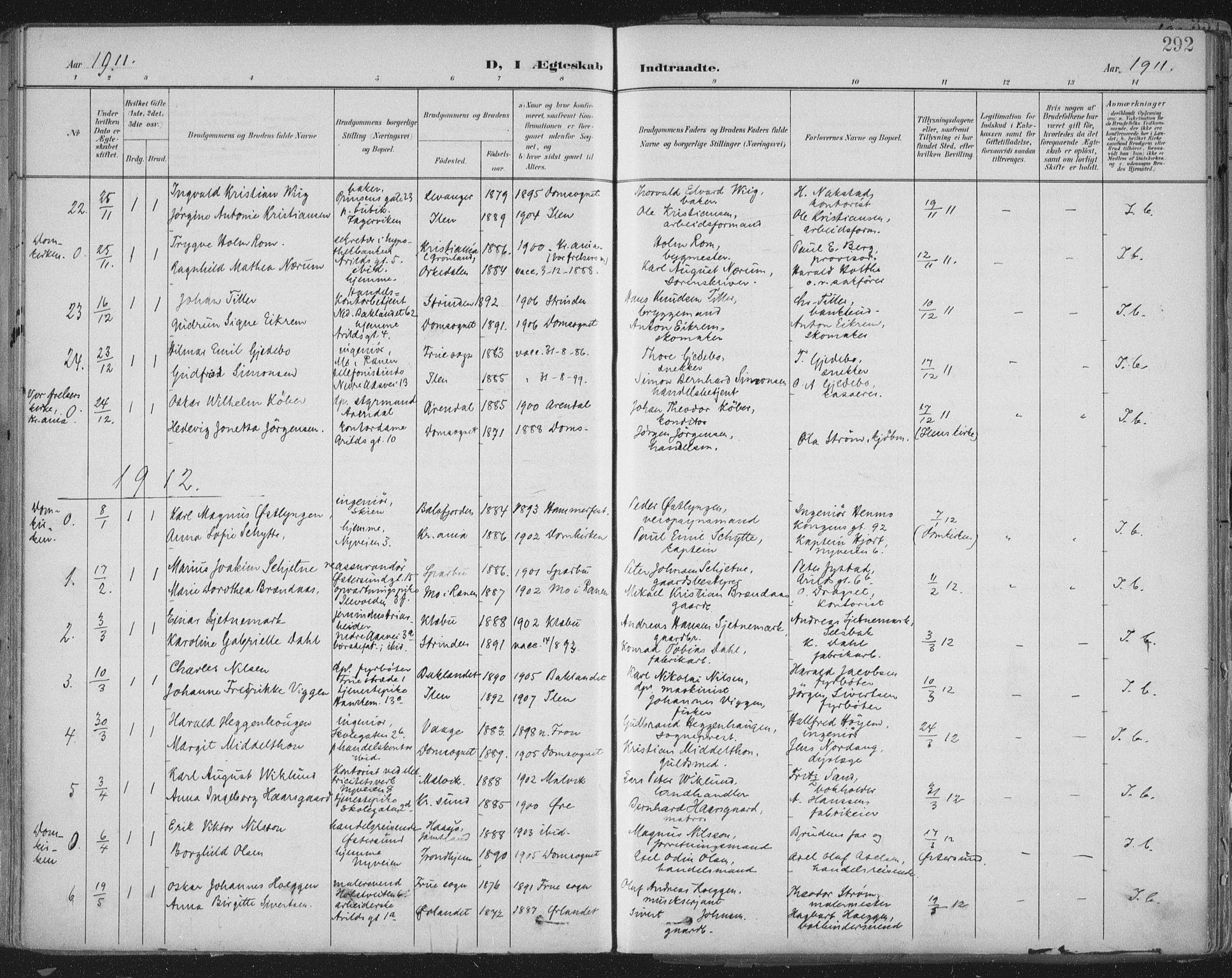 Ministerialprotokoller, klokkerbøker og fødselsregistre - Sør-Trøndelag, SAT/A-1456/603/L0167: Parish register (official) no. 603A06, 1896-1932, p. 292