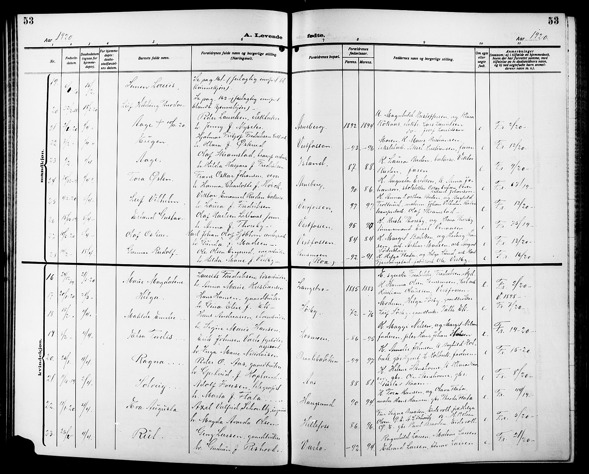 Eiker kirkebøker, SAKO/A-4/G/Ga/L0009: Parish register (copy) no. I 9, 1915-1924, p. 53