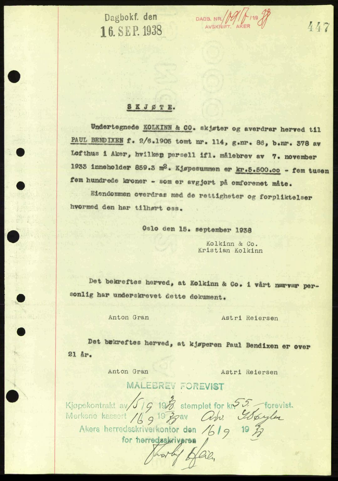 Aker herredsskriveri, SAO/A-10896/G/Gb/Gba/Gbab/L0025: Mortgage book no. A154-155, 1938-1938, Diary no: : 10917/1938
