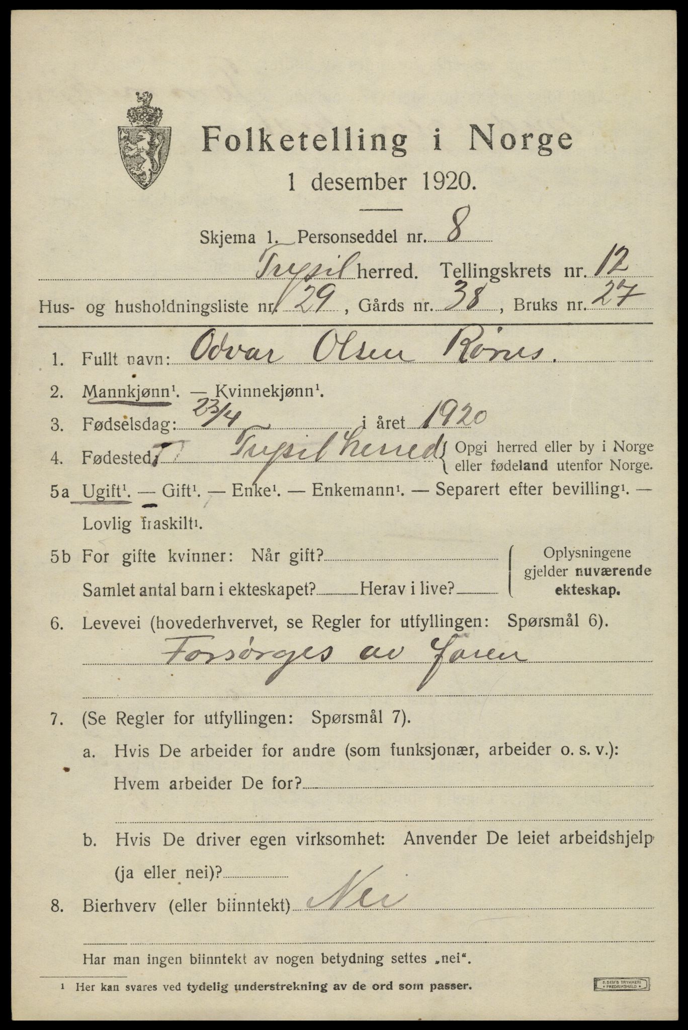 SAH, 1920 census for Trysil, 1920, p. 7531