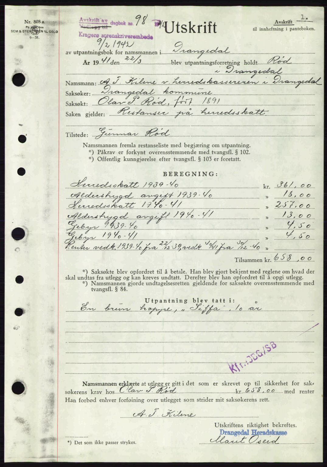 Kragerø sorenskriveri, AV/SAKO-A-65/G/Ga/Gab/L0054: Mortgage book no. 54, 1942-1942, Diary no: : 98/1942