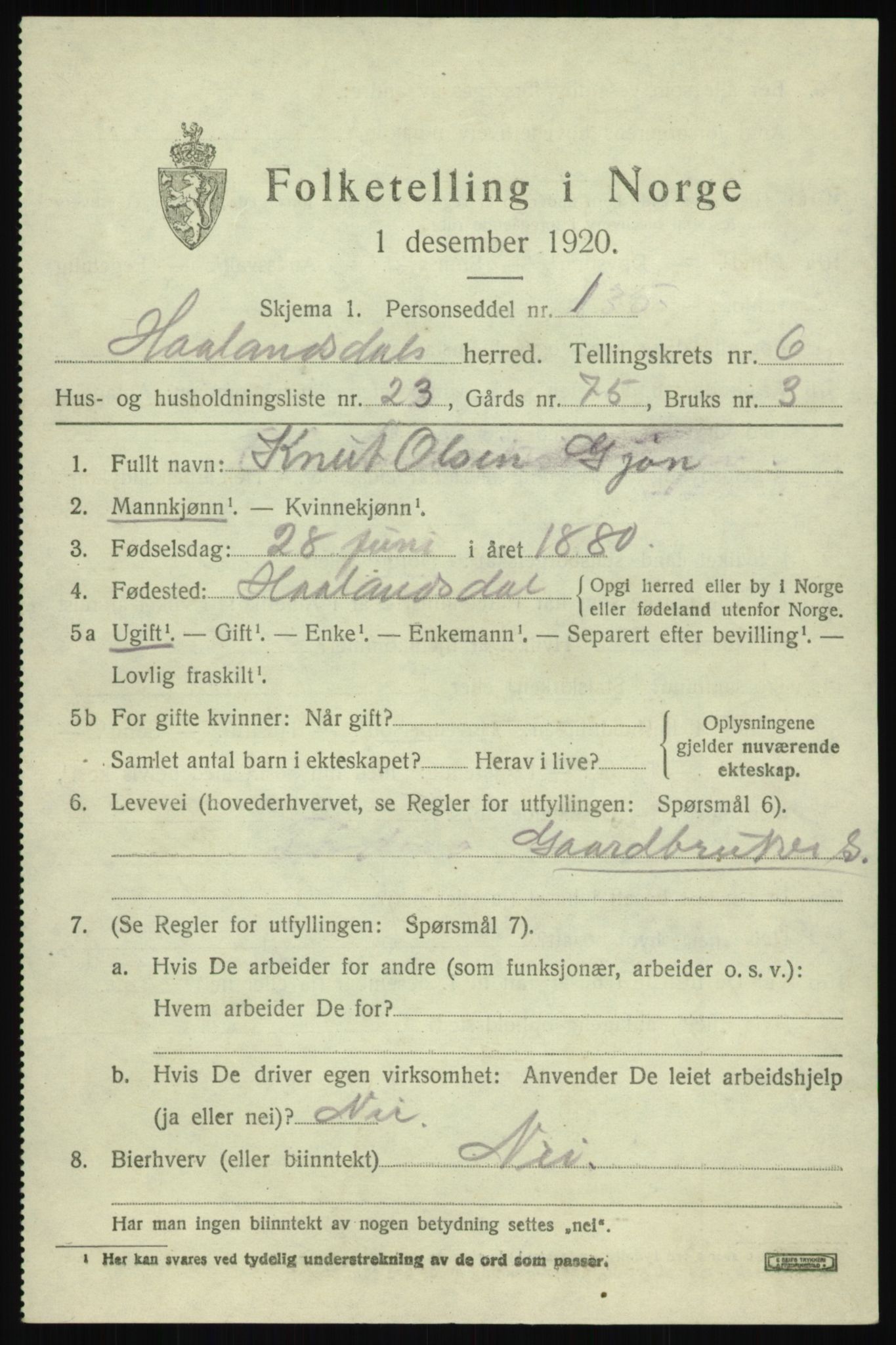 SAB, 1920 census for Hålandsdal, 1920, p. 1516