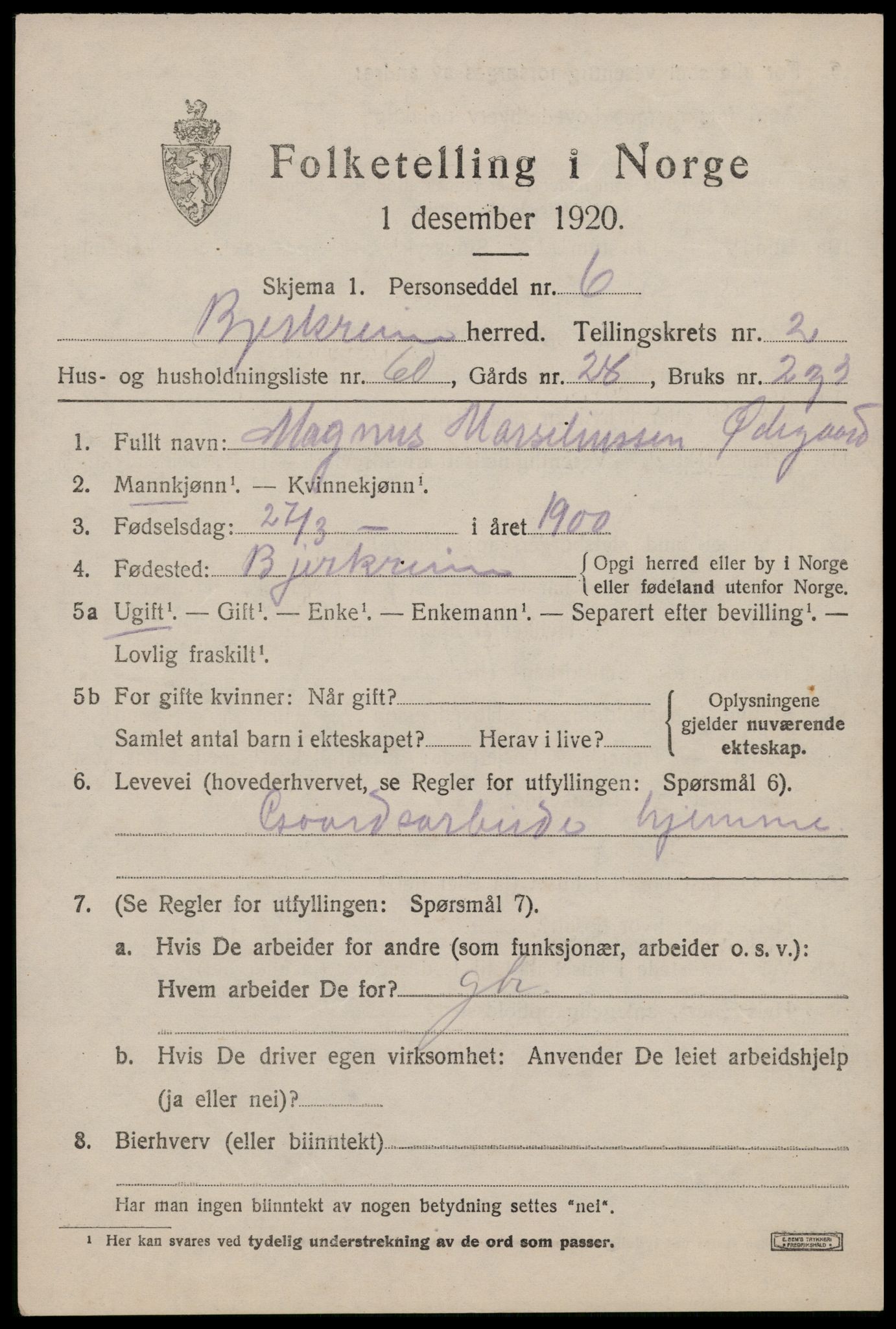 SAST, 1920 census for Bjerkreim, 1920, p. 1614