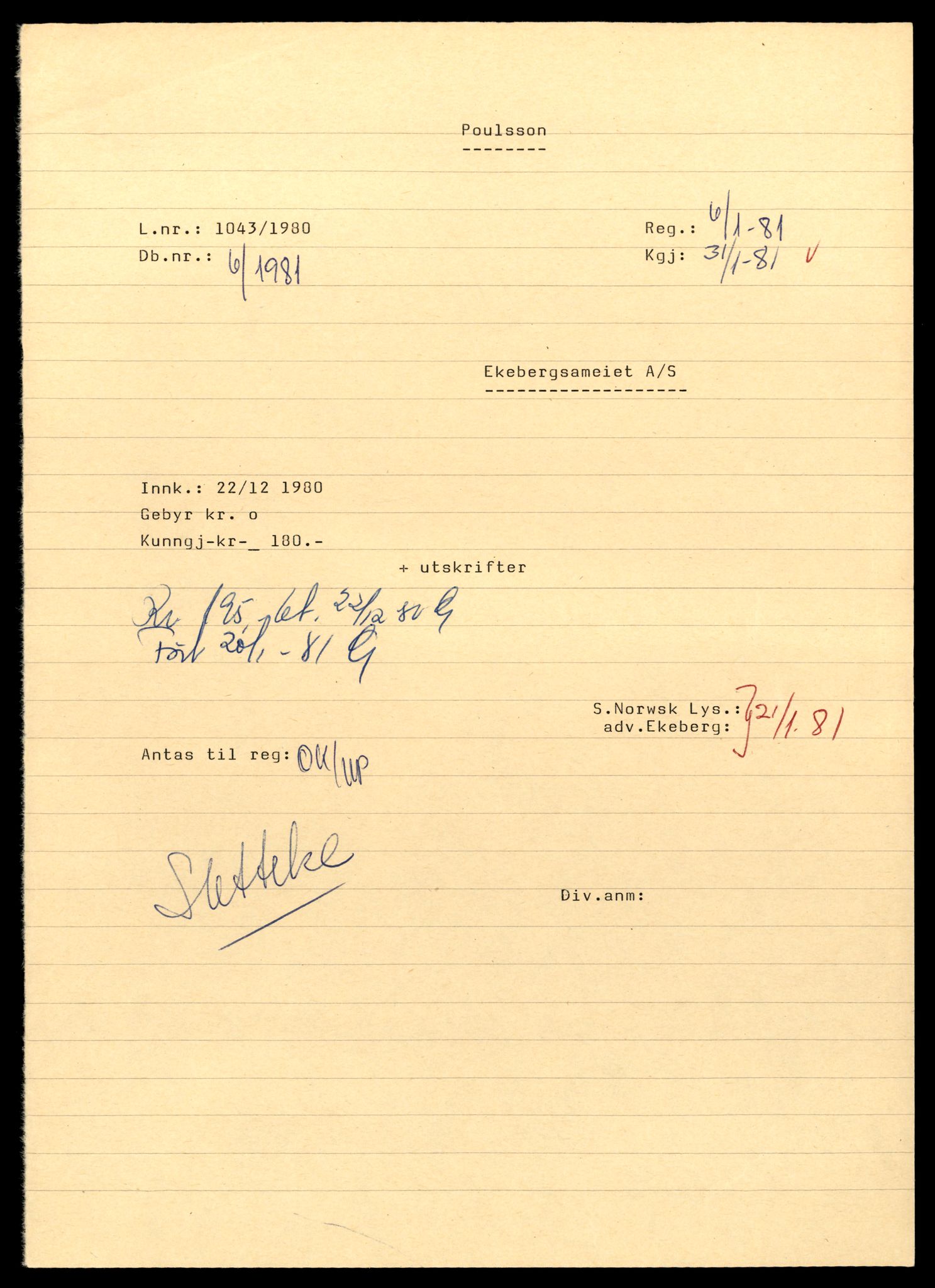 Asker og Bærum tingrett, AV/SAT-A-10379/K/Kb/Kba/L0059: Aksjeselskap, Ek - Hi, 1944-1989, p. 1