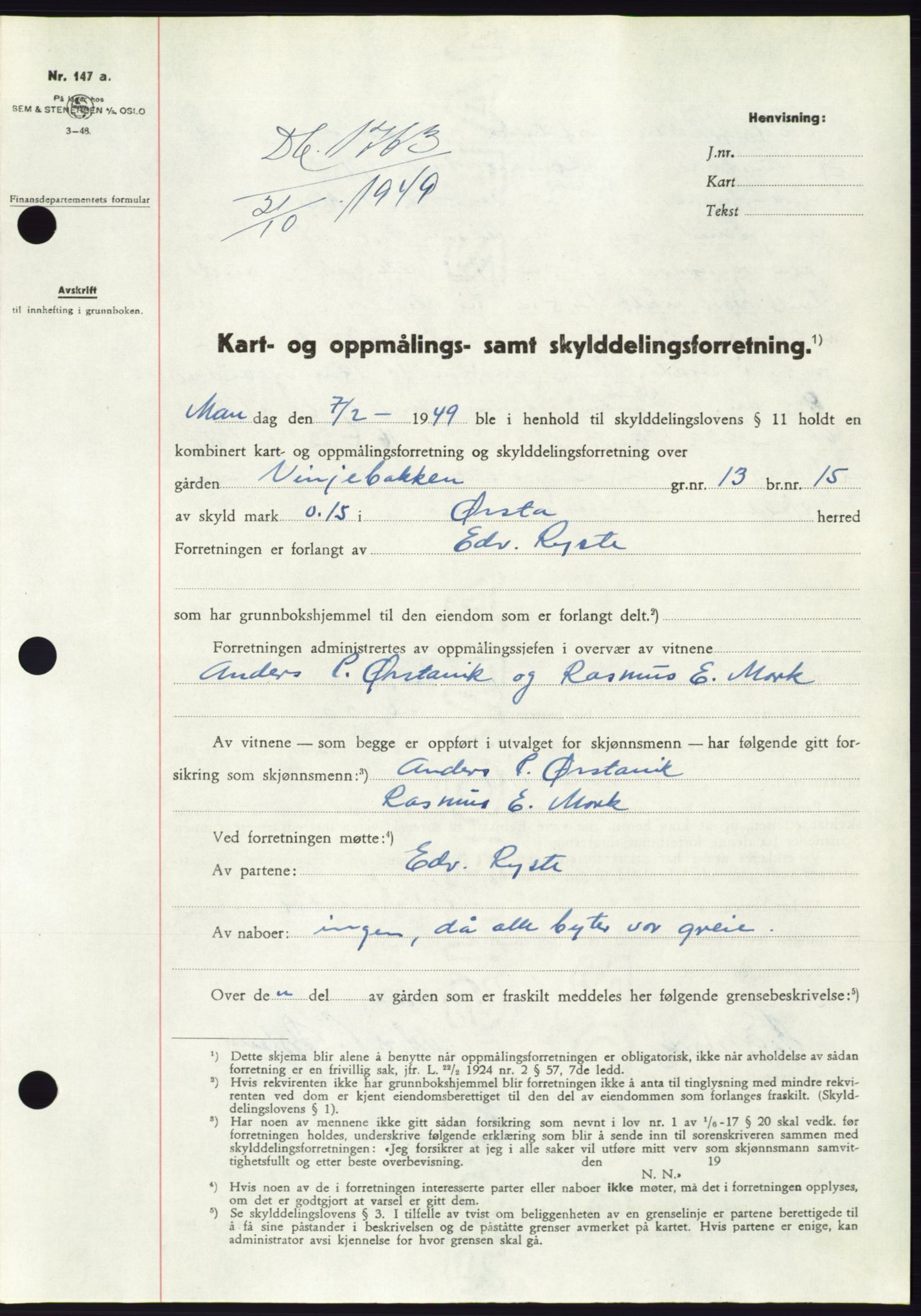 Søre Sunnmøre sorenskriveri, AV/SAT-A-4122/1/2/2C/L0085: Mortgage book no. 11A, 1949-1949, Diary no: : 1763/1949