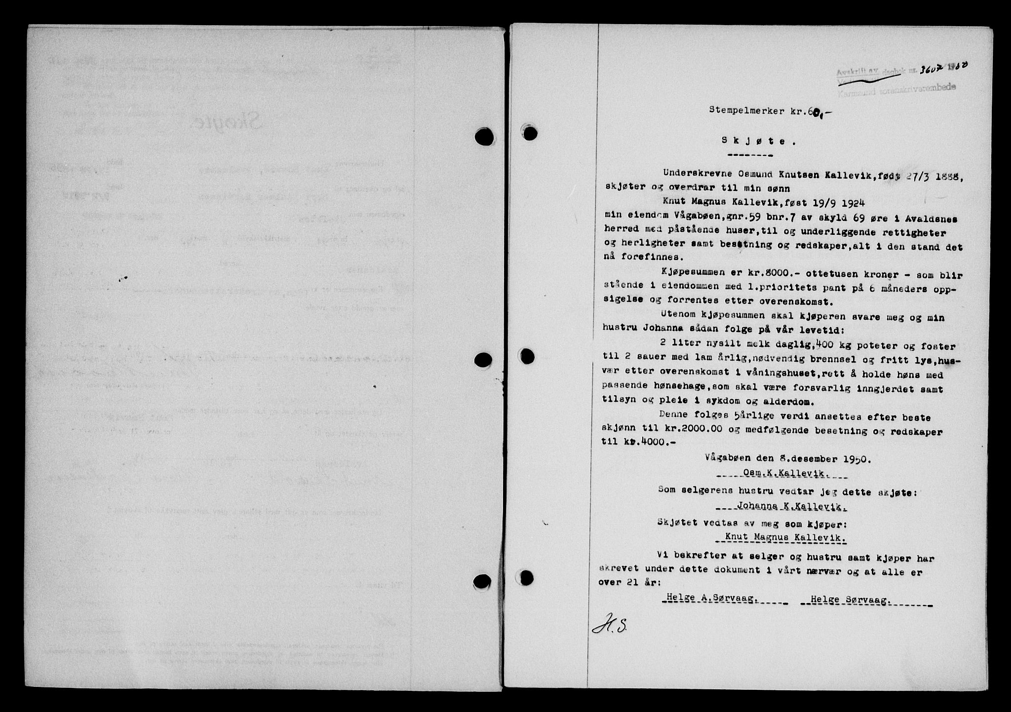 Karmsund sorenskriveri, SAST/A-100311/01/II/IIB/L0101: Mortgage book no. 81A, 1950-1951, Diary no: : 3607/1950