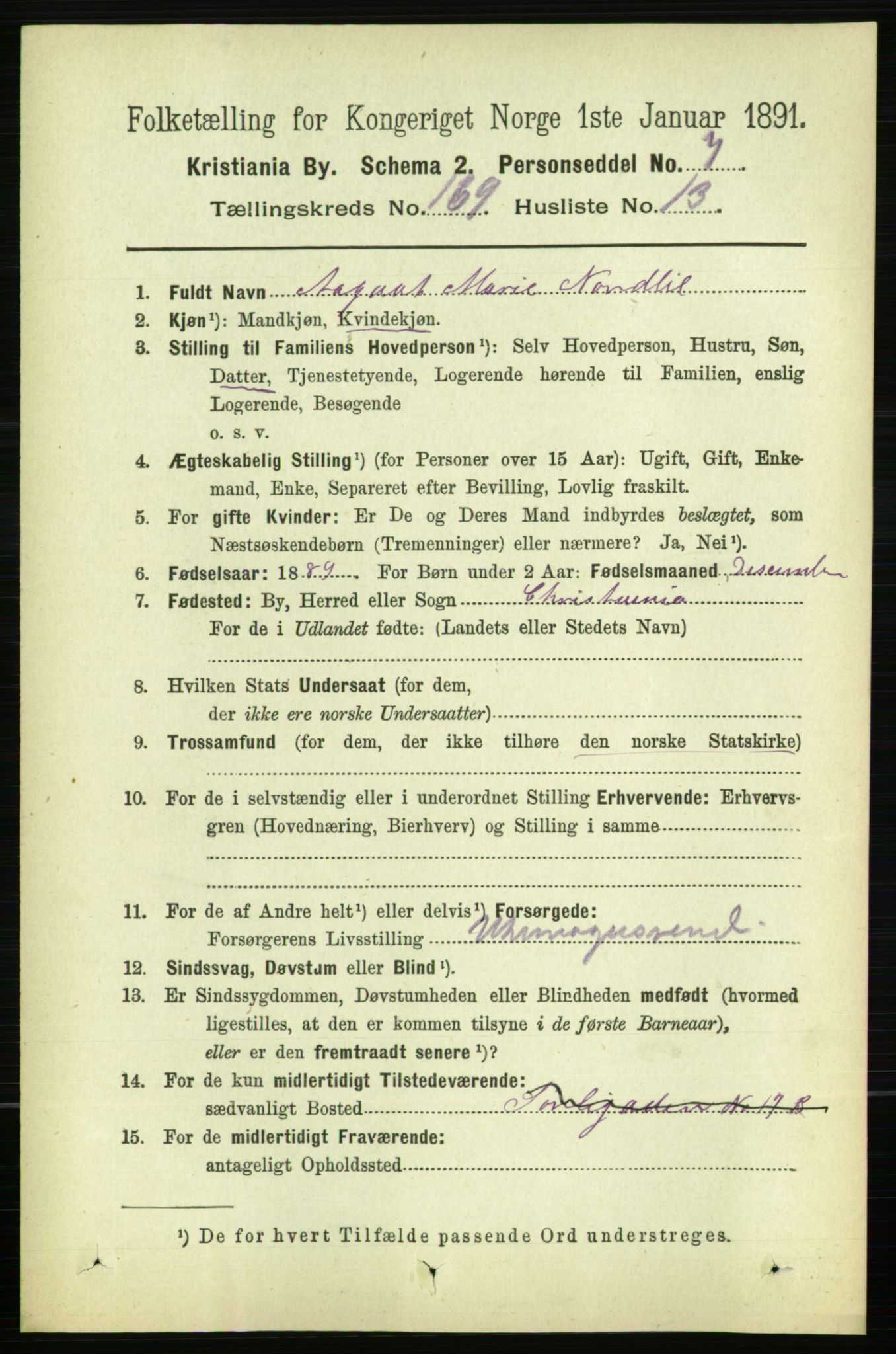 RA, 1891 census for 0301 Kristiania, 1891, p. 99108