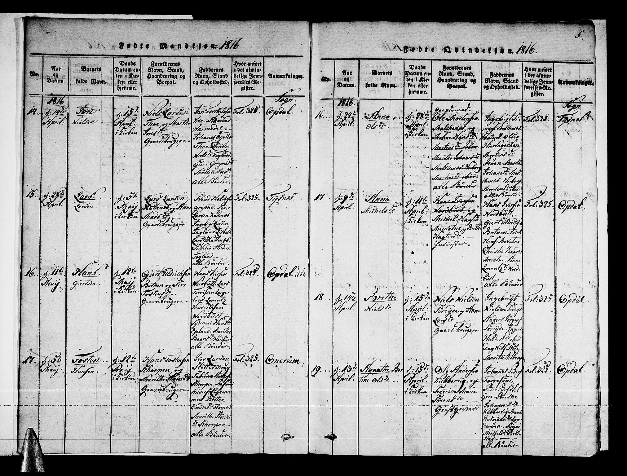 Tysnes sokneprestembete, SAB/A-78601/H/Haa: Parish register (official) no. A 7, 1816-1826, p. 5