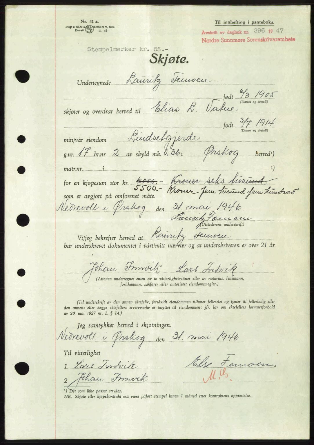 Nordre Sunnmøre sorenskriveri, AV/SAT-A-0006/1/2/2C/2Ca: Mortgage book no. A24, 1947-1947, Diary no: : 396/1947