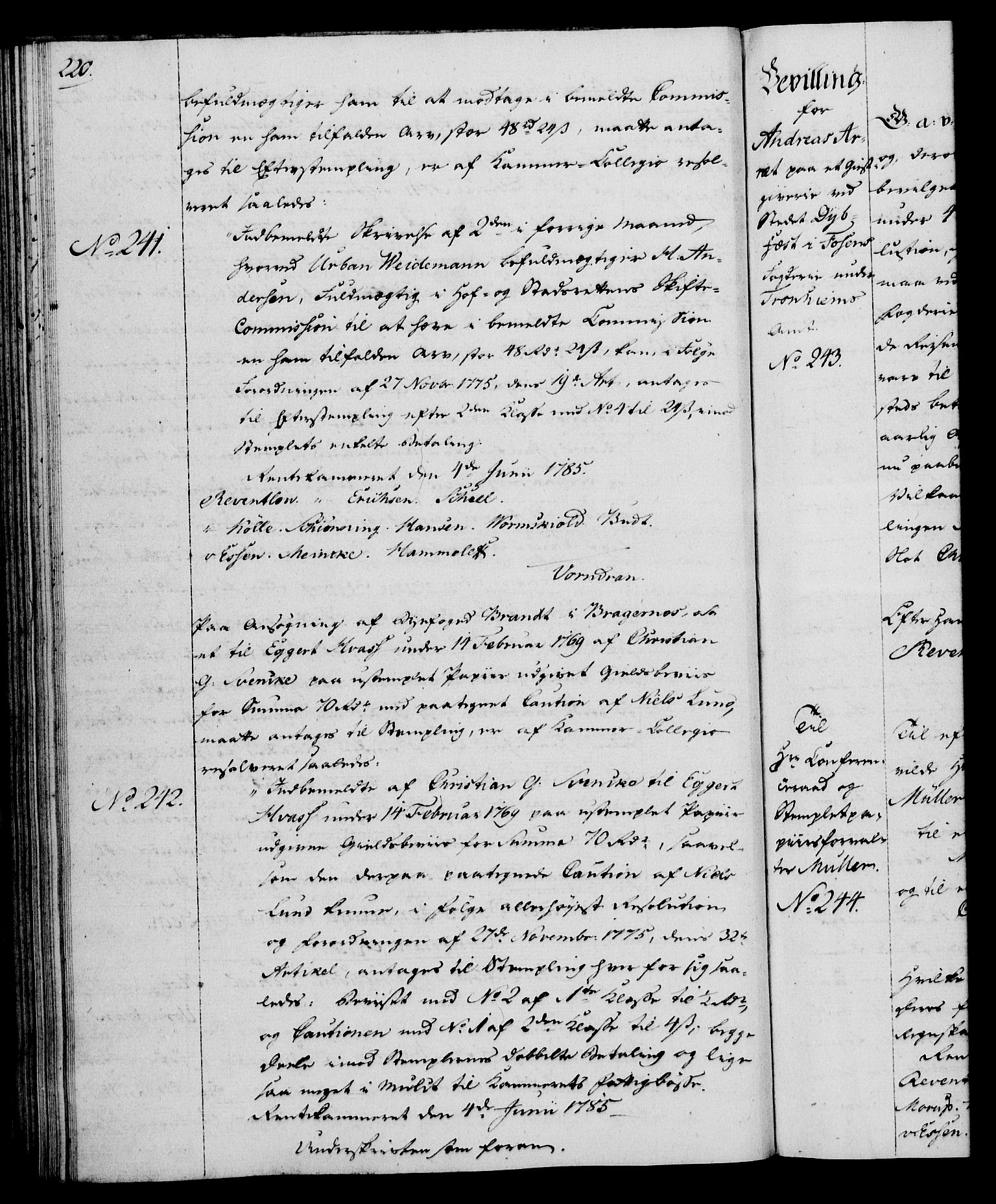 Rentekammeret, Kammerkanselliet, RA/EA-3111/G/Gg/Gga/L0013: Norsk ekspedisjonsprotokoll med register (merket RK 53.13), 1784-1787, p. 220