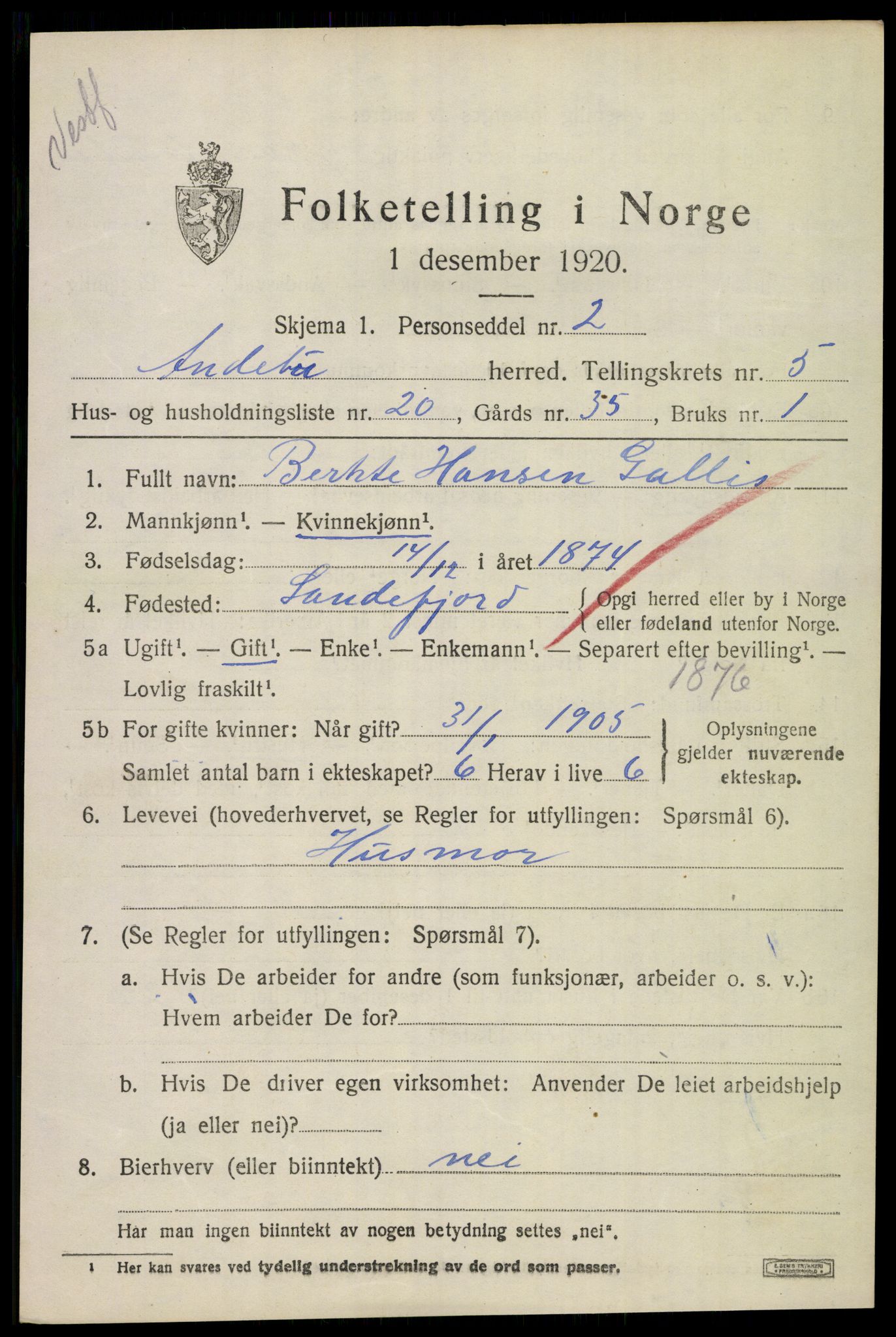 SAKO, 1920 census for Andebu, 1920, p. 2832