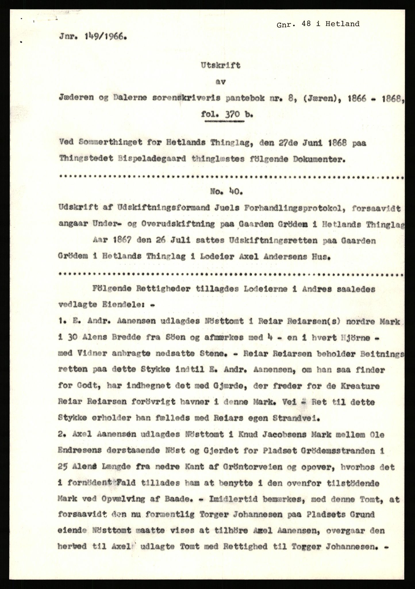 Statsarkivet i Stavanger, AV/SAST-A-101971/03/Y/Yj/L0027: Avskrifter sortert etter gårdsnavn: Gravdal - Grøtteland, 1750-1930, p. 260