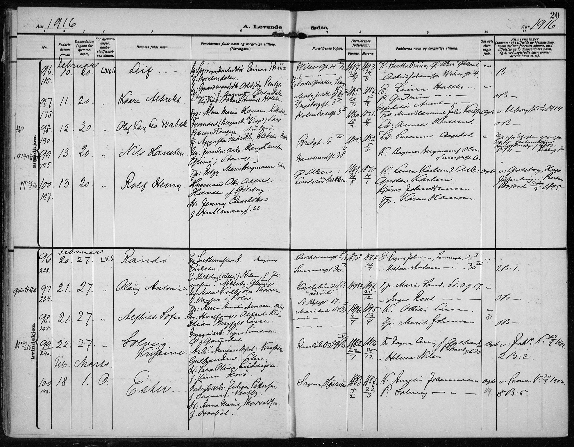 Rikshospitalet prestekontor Kirkebøker, AV/SAO-A-10309b/F/L0016: Parish register (official) no. 16, 1916-1918, p. 20