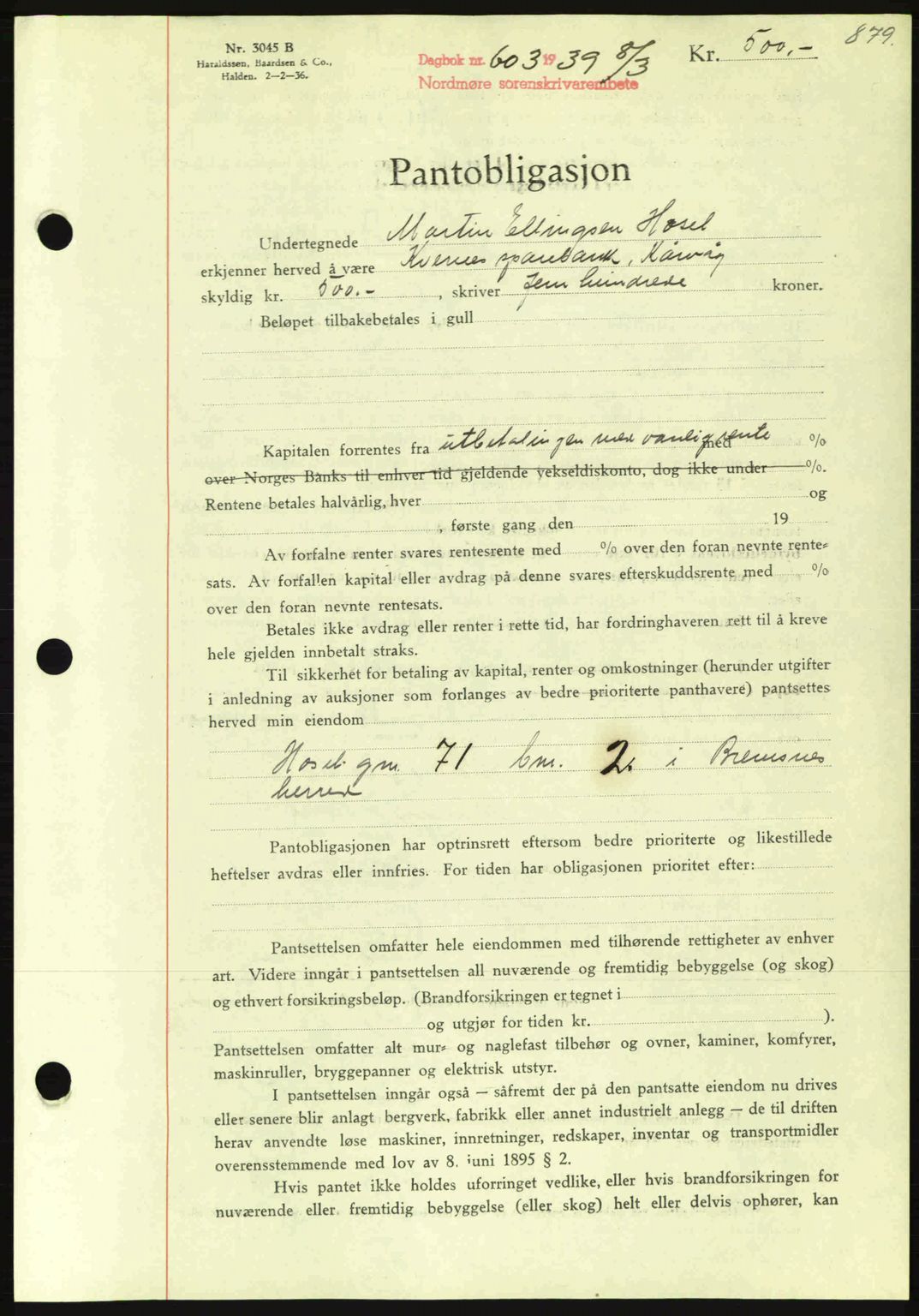 Nordmøre sorenskriveri, SAT/A-4132/1/2/2Ca: Mortgage book no. B84, 1938-1939, Diary no: : 603/1939