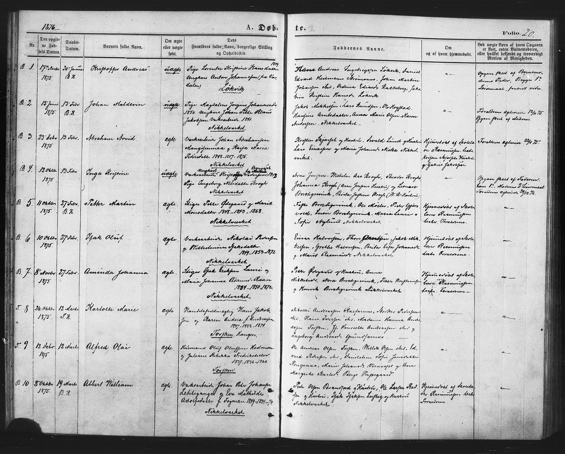 Berg sokneprestkontor, AV/SATØ-S-1318/G/Ga/Gaa/L0003kirke: Parish register (official) no. 3, 1872-1879, p. 20