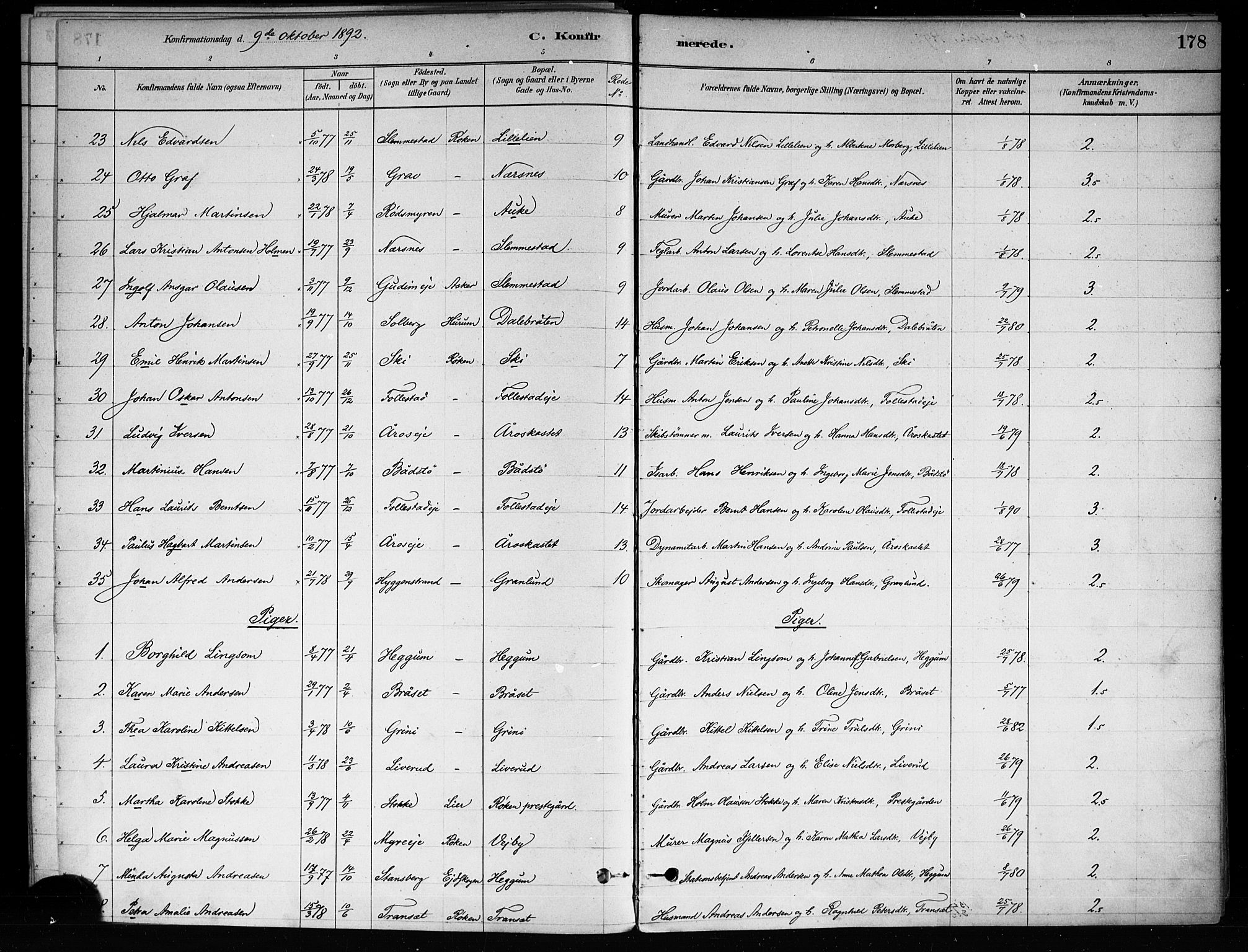 Røyken kirkebøker, SAKO/A-241/F/Fa/L0008: Parish register (official) no. 8, 1880-1897, p. 178