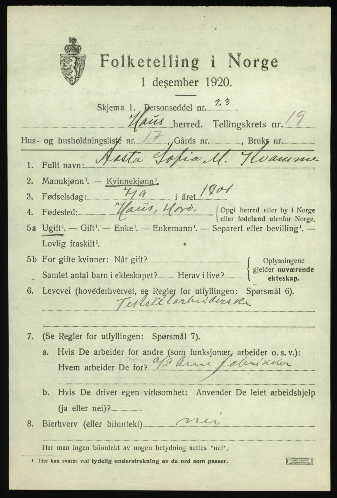 SAB, 1920 census for Haus, 1920, p. 12602