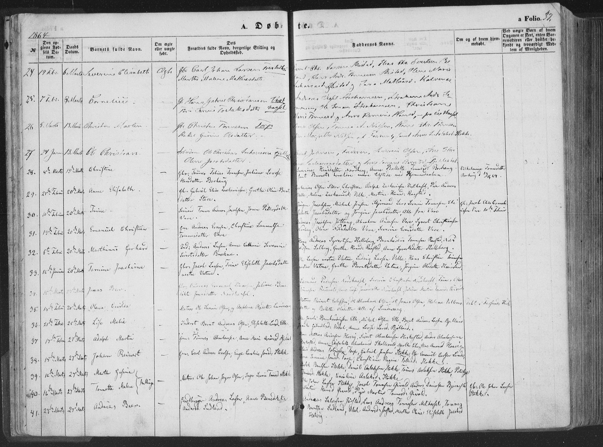 Lista sokneprestkontor, AV/SAK-1111-0027/F/Fa/L0011: Parish register (official) no. A 11, 1861-1878, p. 37