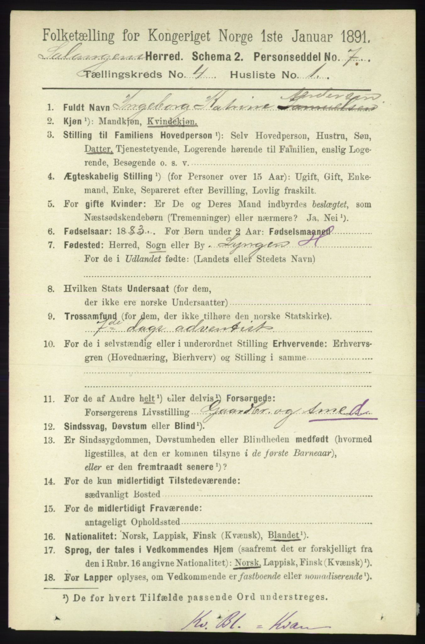 RA, 1891 census for 1921 Salangen, 1891, p. 1836