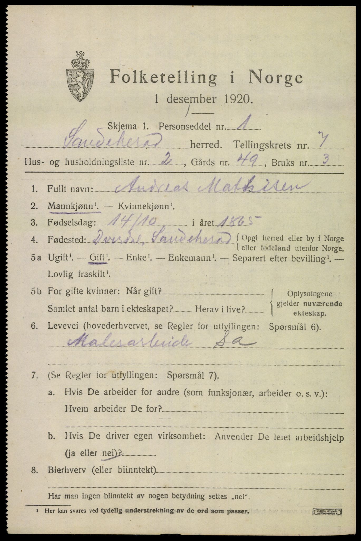 SAKO, 1920 census for Sandeherred, 1920, p. 11932
