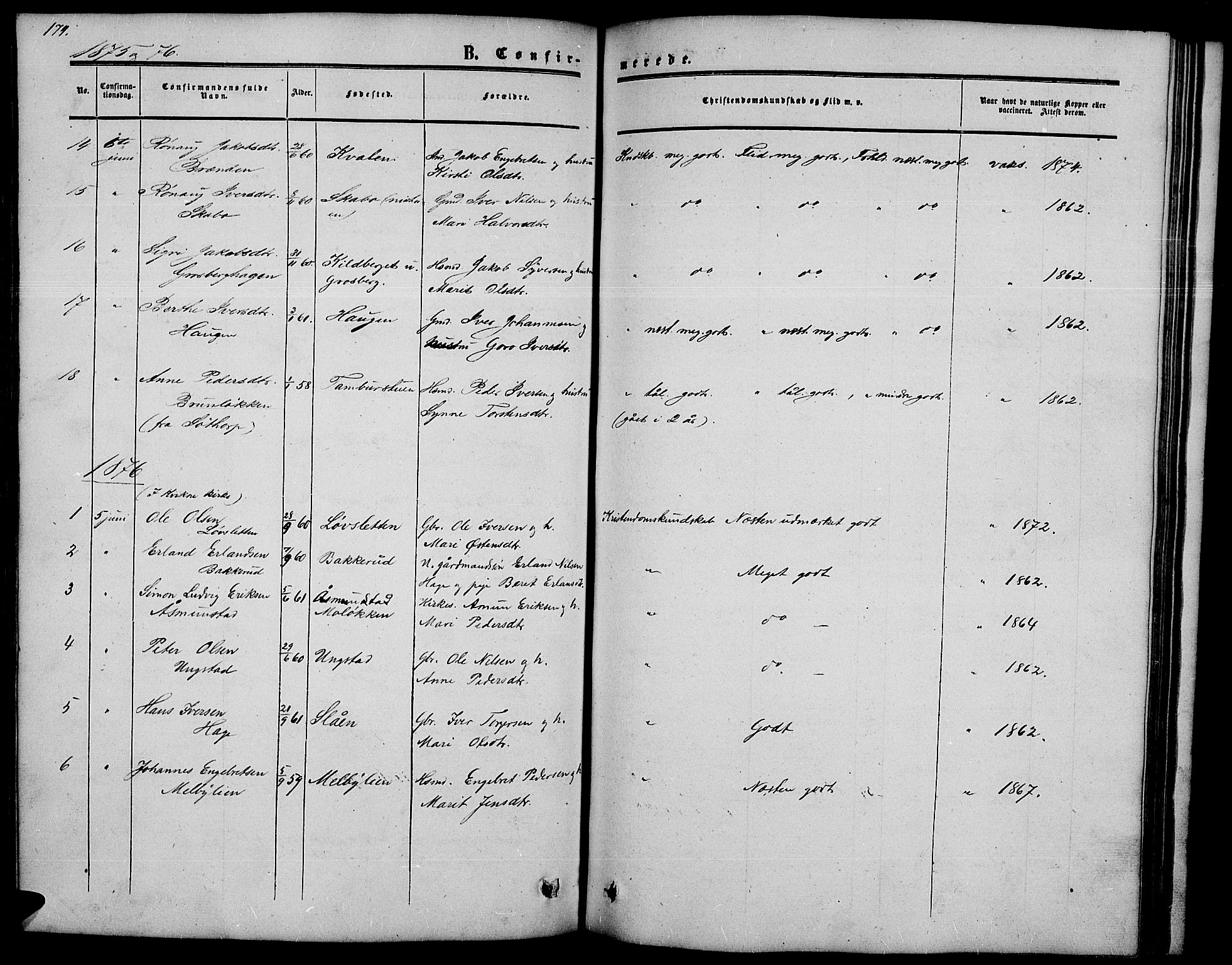 Nord-Fron prestekontor, SAH/PREST-080/H/Ha/Hab/L0002: Parish register (copy) no. 2, 1851-1883, p. 174