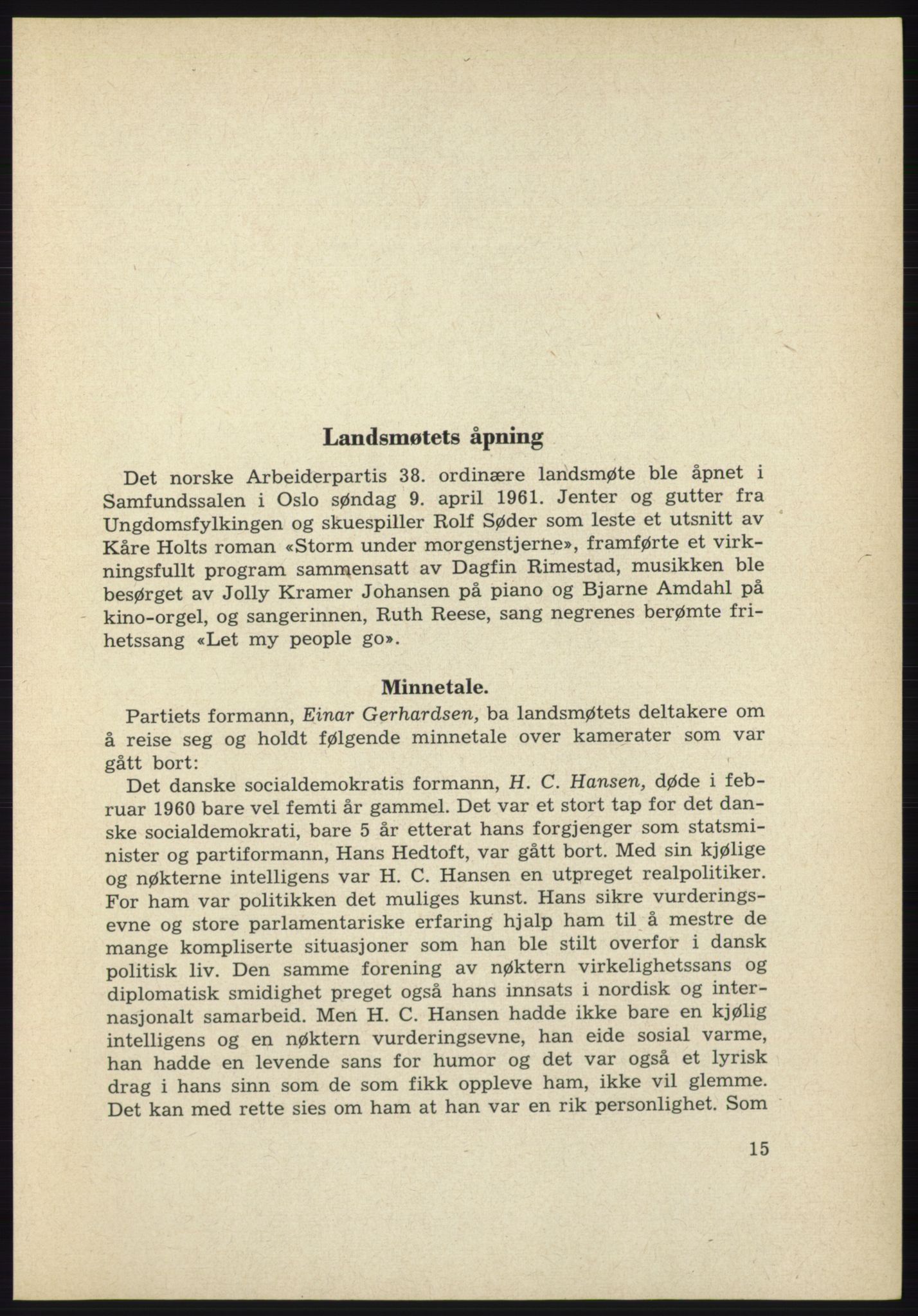 Det norske Arbeiderparti - publikasjoner, AAB/-/-/-: Protokoll over forhandlingene på det 38. ordinære landsmøte 9.-11. april 1961 i Oslo, 1961, p. 15