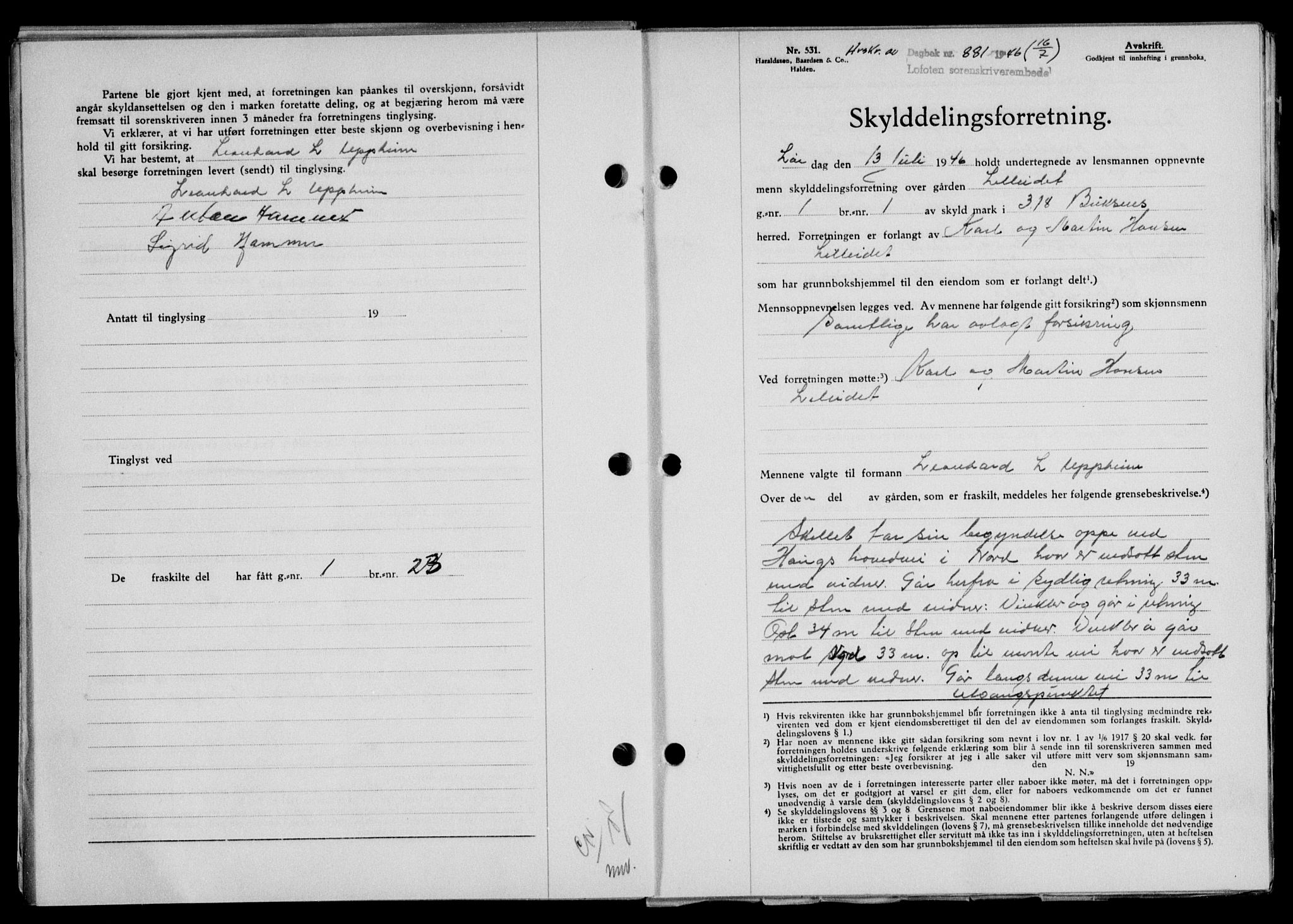 Lofoten sorenskriveri, SAT/A-0017/1/2/2C/L0014a: Mortgage book no. 14a, 1946-1946, Diary no: : 881/1946