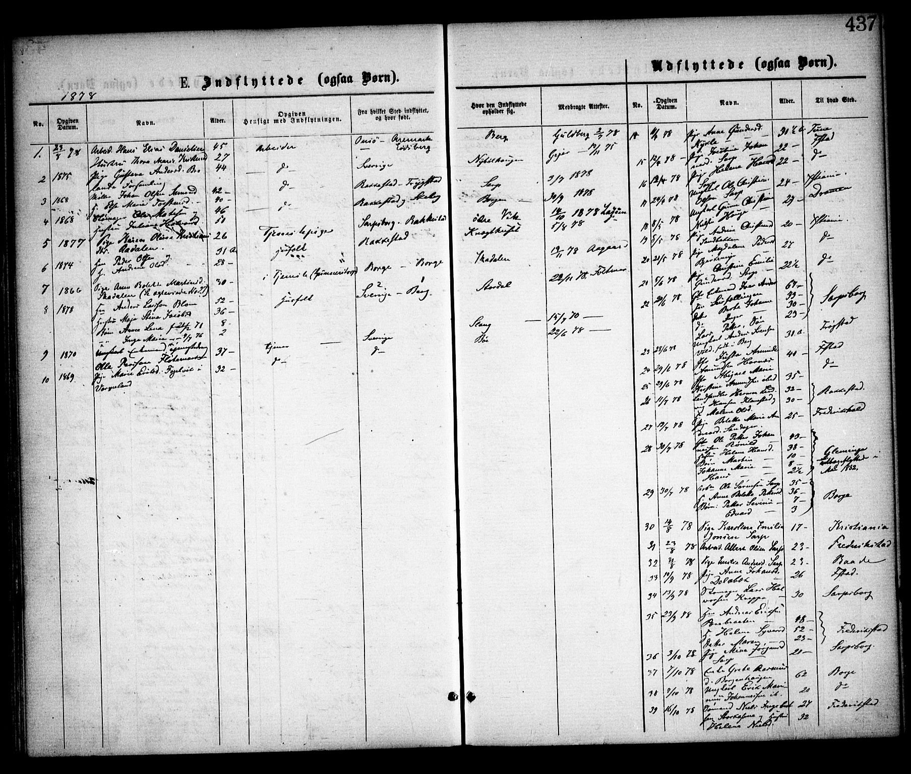 Skjeberg prestekontor Kirkebøker, AV/SAO-A-10923/F/Fa/L0008: Parish register (official) no. I 8, 1869-1885, p. 437