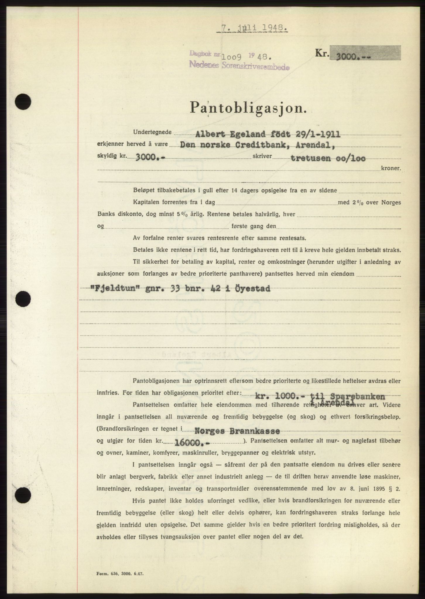 Nedenes sorenskriveri, AV/SAK-1221-0006/G/Gb/Gbb/L0005: Mortgage book no. B5, 1948-1948, Diary no: : 1009/1948