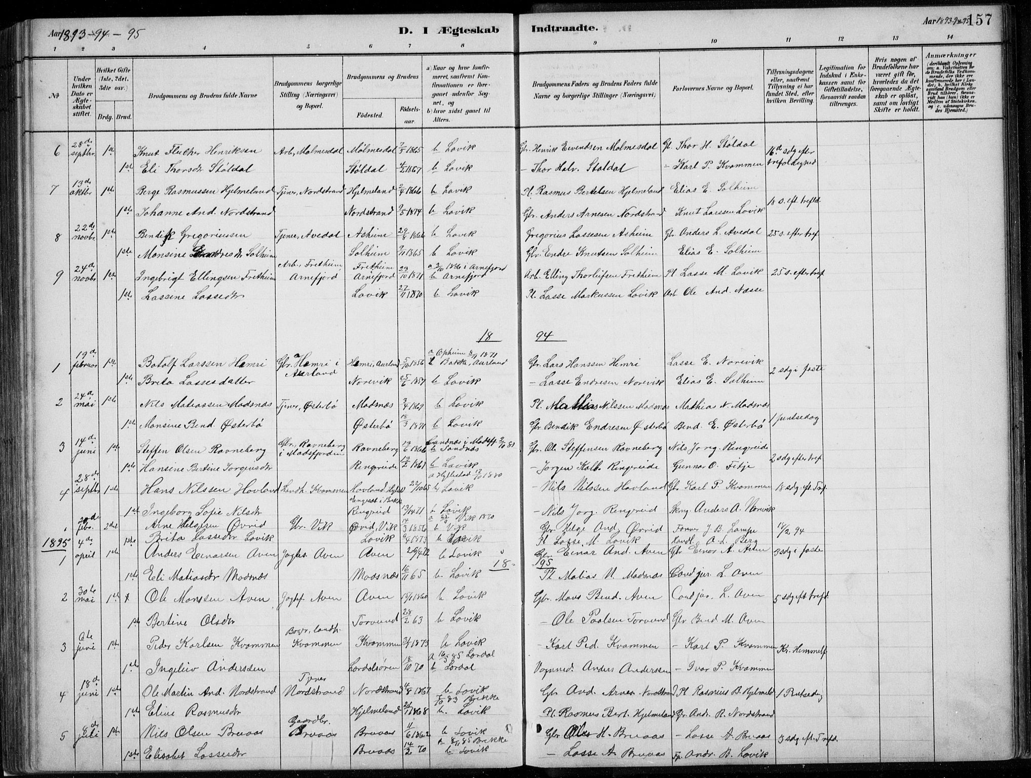Lavik sokneprestembete, SAB/A-80901: Parish register (copy) no. A 2, 1882-1910, p. 157
