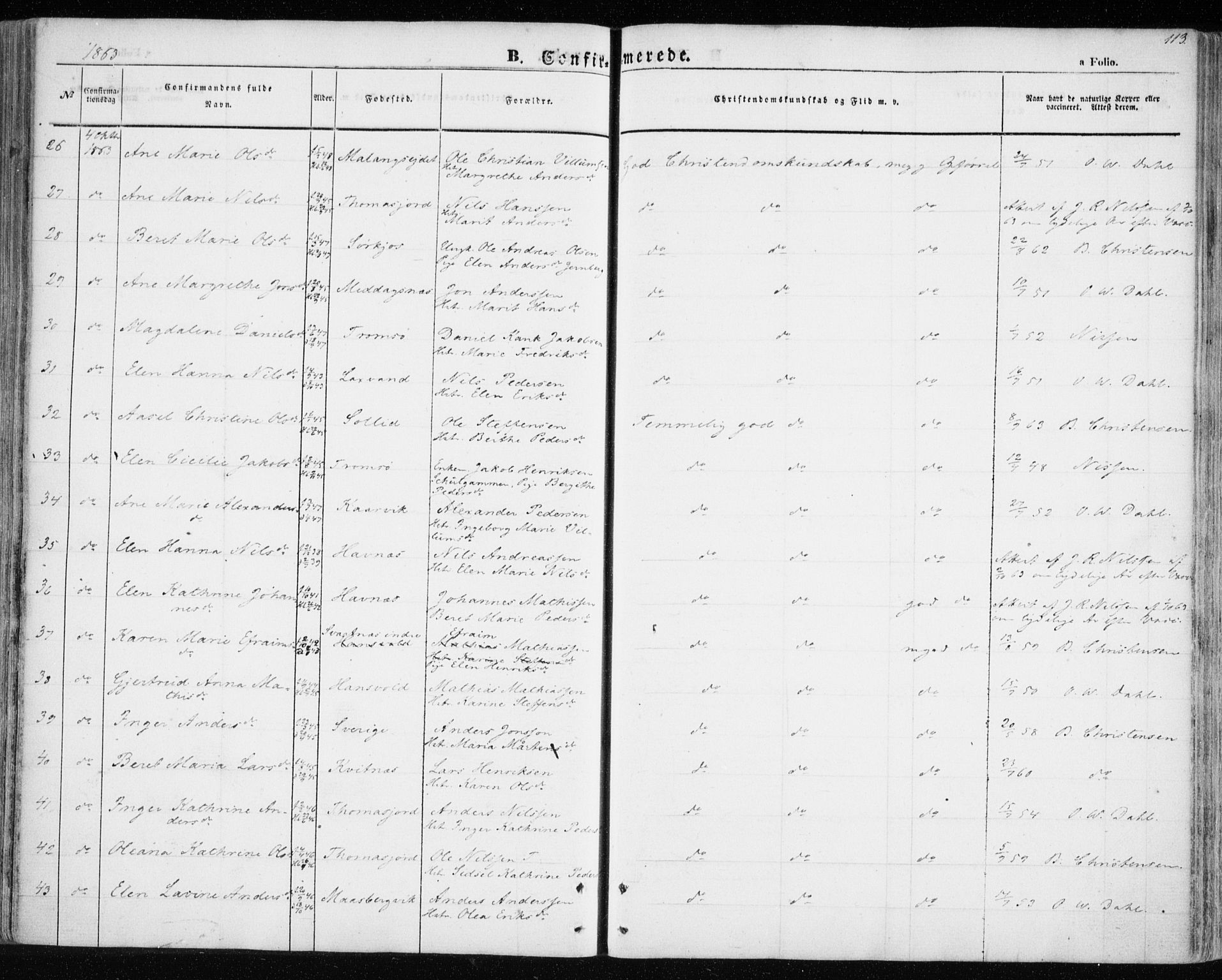 Balsfjord sokneprestembete, SATØ/S-1303/G/Ga/L0003kirke: Parish register (official) no. 3, 1856-1870, p. 113