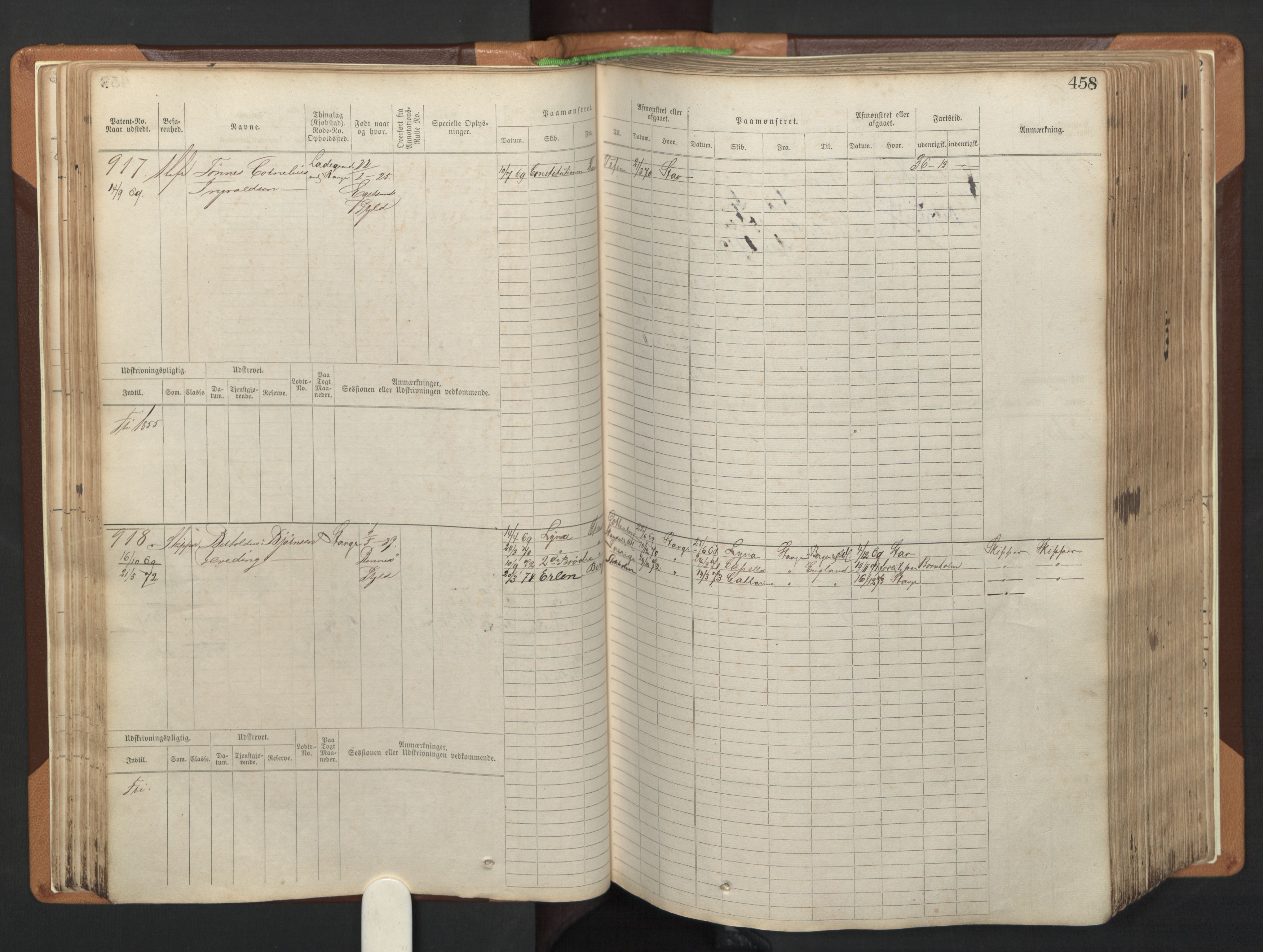 Stavanger sjømannskontor, AV/SAST-A-102006/F/Fb/Fbb/L0005: Sjøfartshovedrulle, patentnr. 793-1606 (del 2), 1869-1880, p. 68