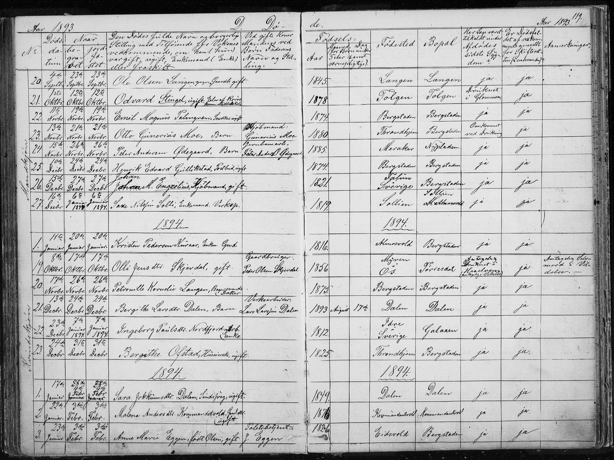 Ministerialprotokoller, klokkerbøker og fødselsregistre - Sør-Trøndelag, SAT/A-1456/681/L0940: Parish register (copy) no. 681C04, 1880-1895, p. 119