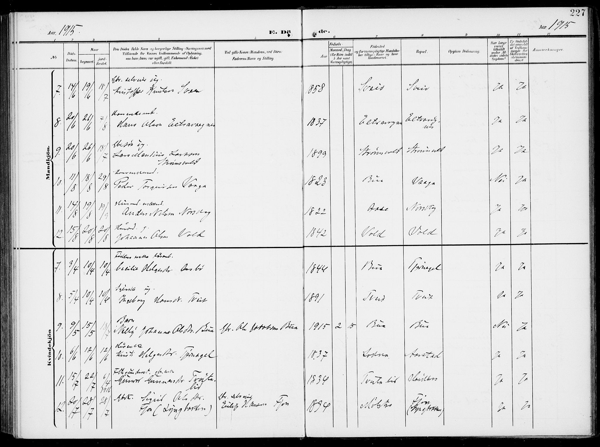 Sveio Sokneprestembete, SAB/A-78501/H/Haa: Parish register (official) no. B  4, 1906-1919, p. 227