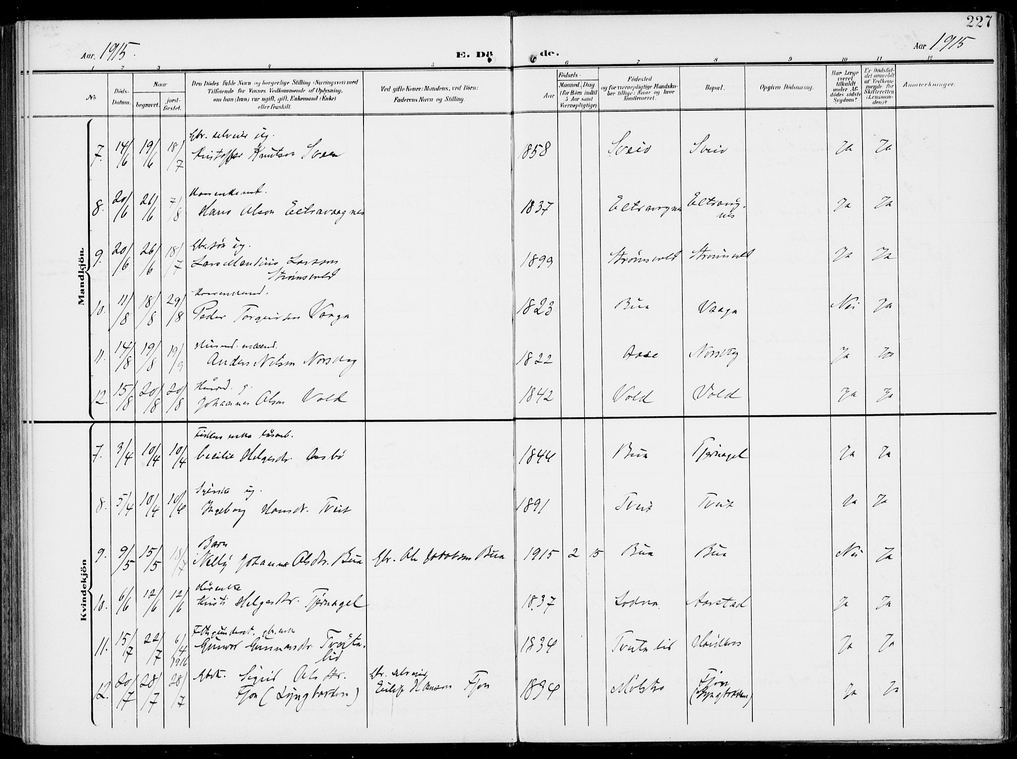 Sveio Sokneprestembete, AV/SAB-A-78501/H/Haa: Parish register (official) no. B  4, 1906-1919, p. 227