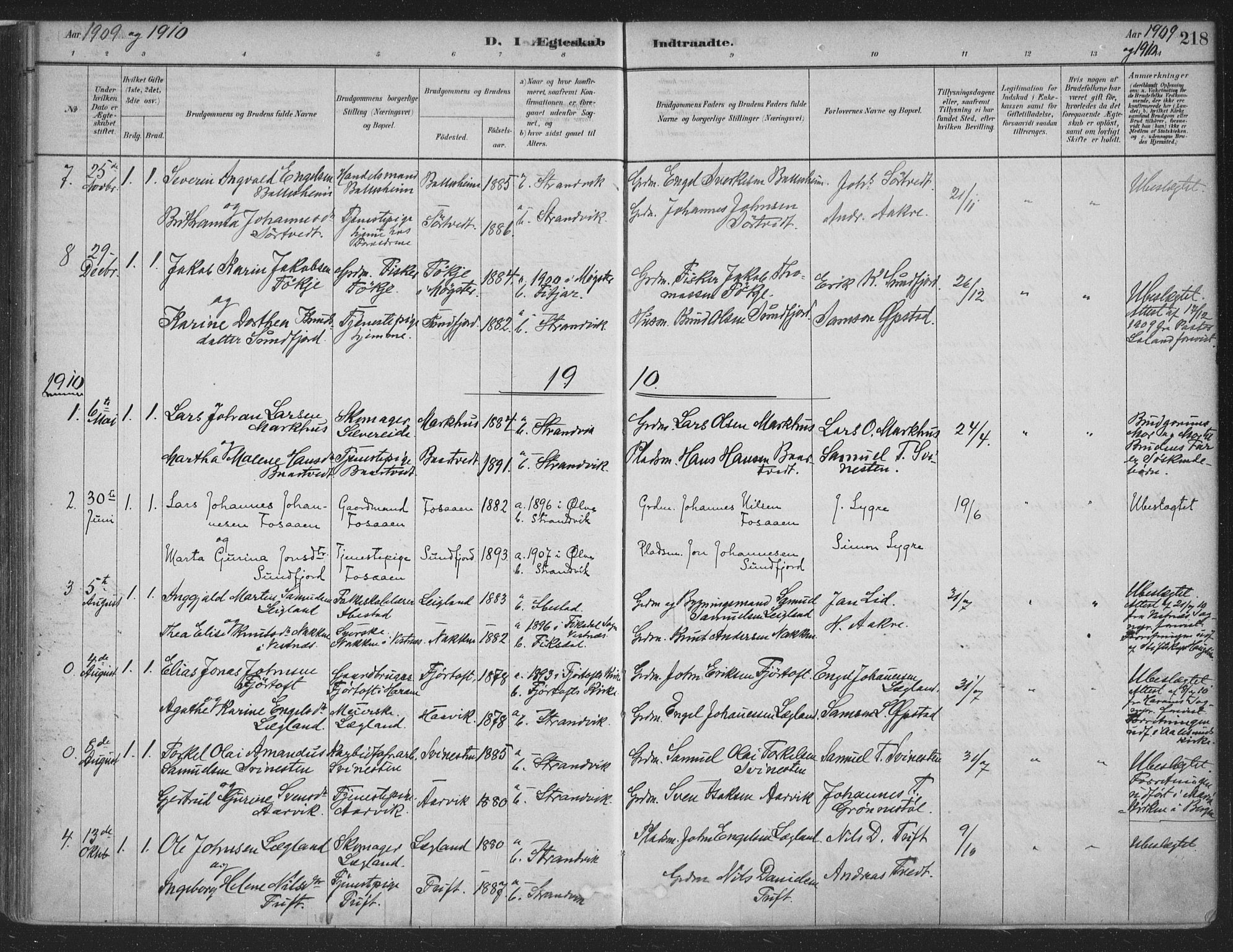 Fusa sokneprestembete, SAB/A-75401/H/Haa: Parish register (official) no. D 1, 1880-1938, p. 218