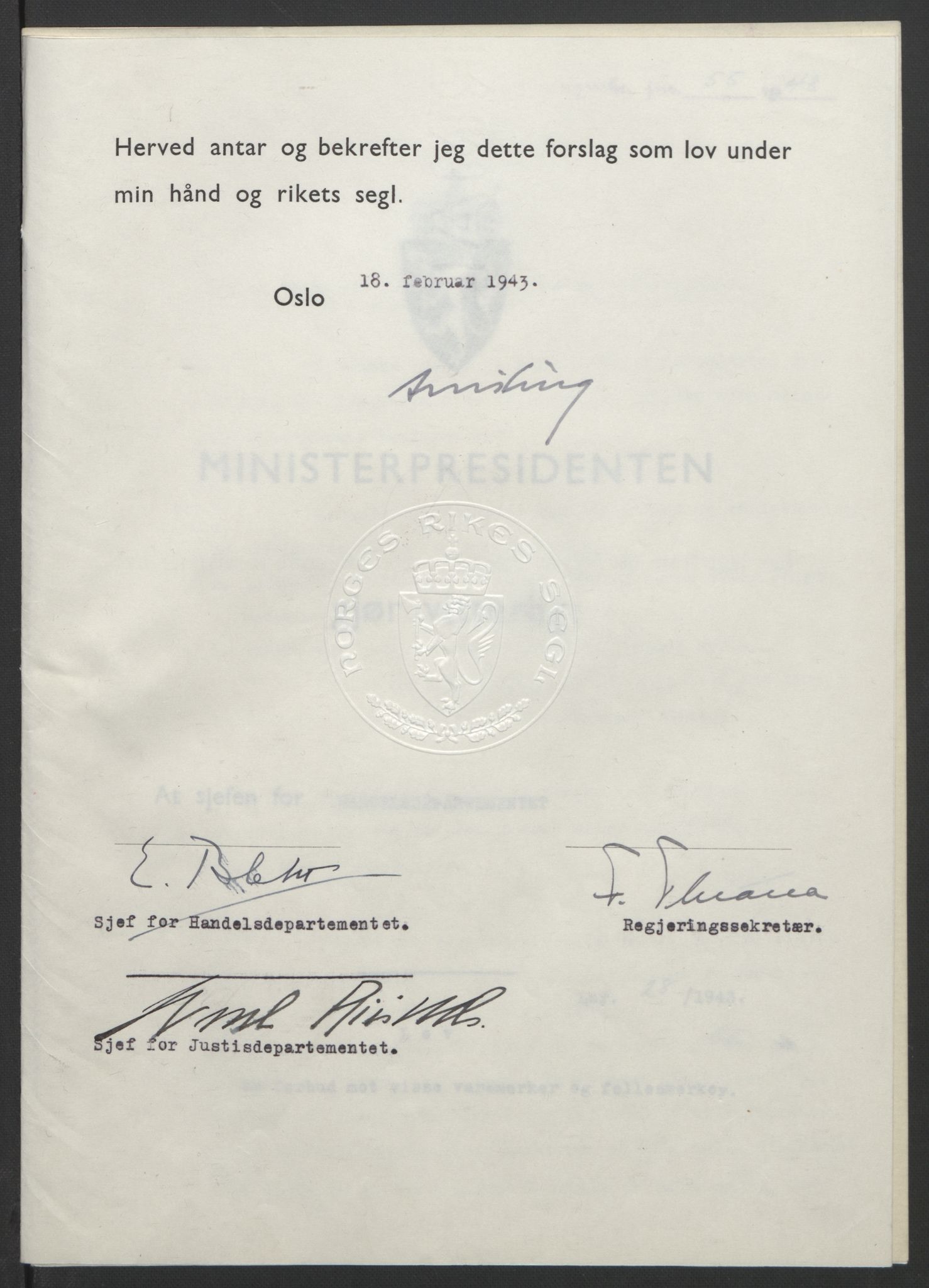 NS-administrasjonen 1940-1945 (Statsrådsekretariatet, de kommisariske statsråder mm), RA/S-4279/D/Db/L0099: Lover, 1943, p. 118
