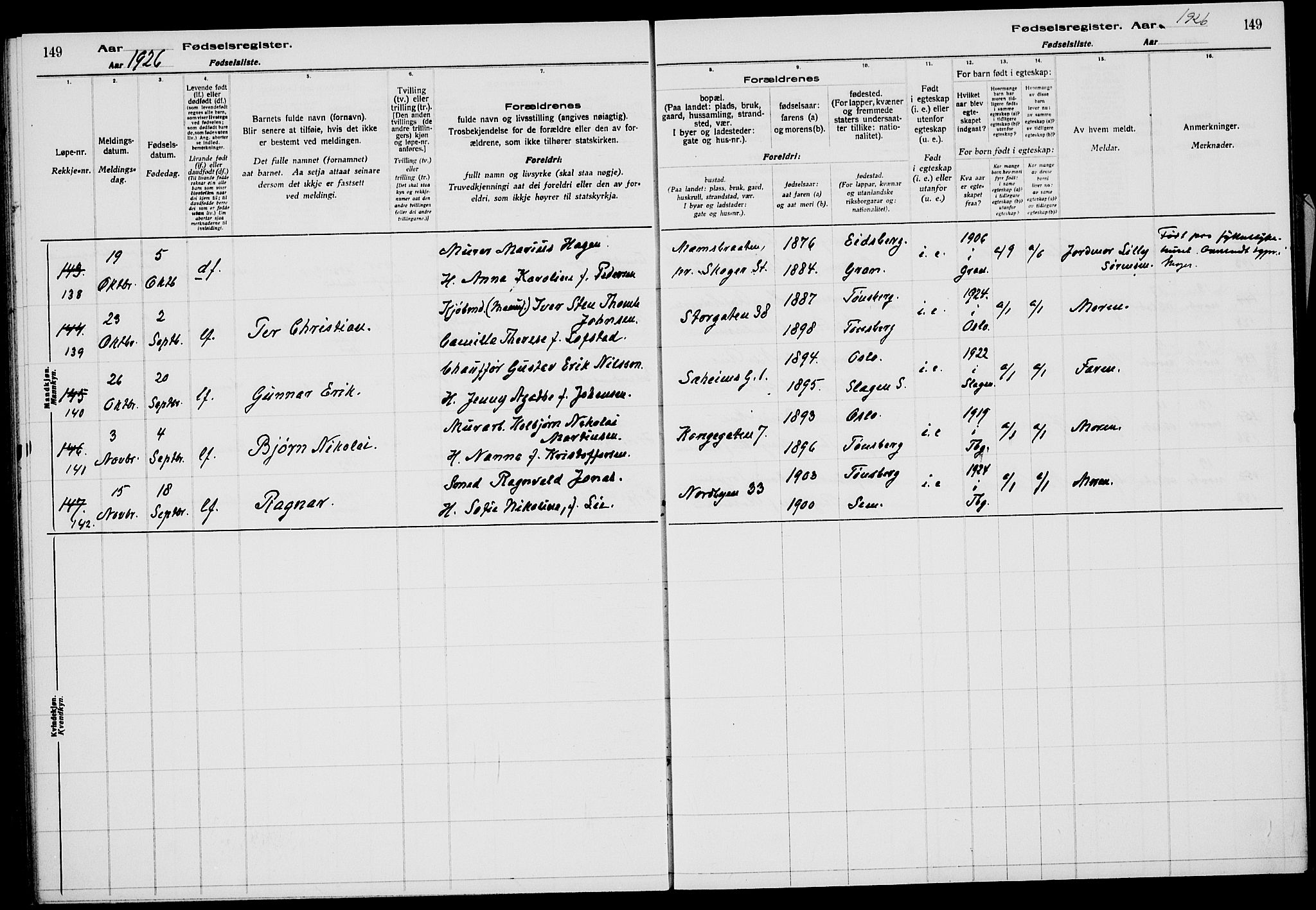 Tønsberg kirkebøker, AV/SAKO-A-330/J/Ja/L0002: Birth register no. 2, 1922-1928, p. 149