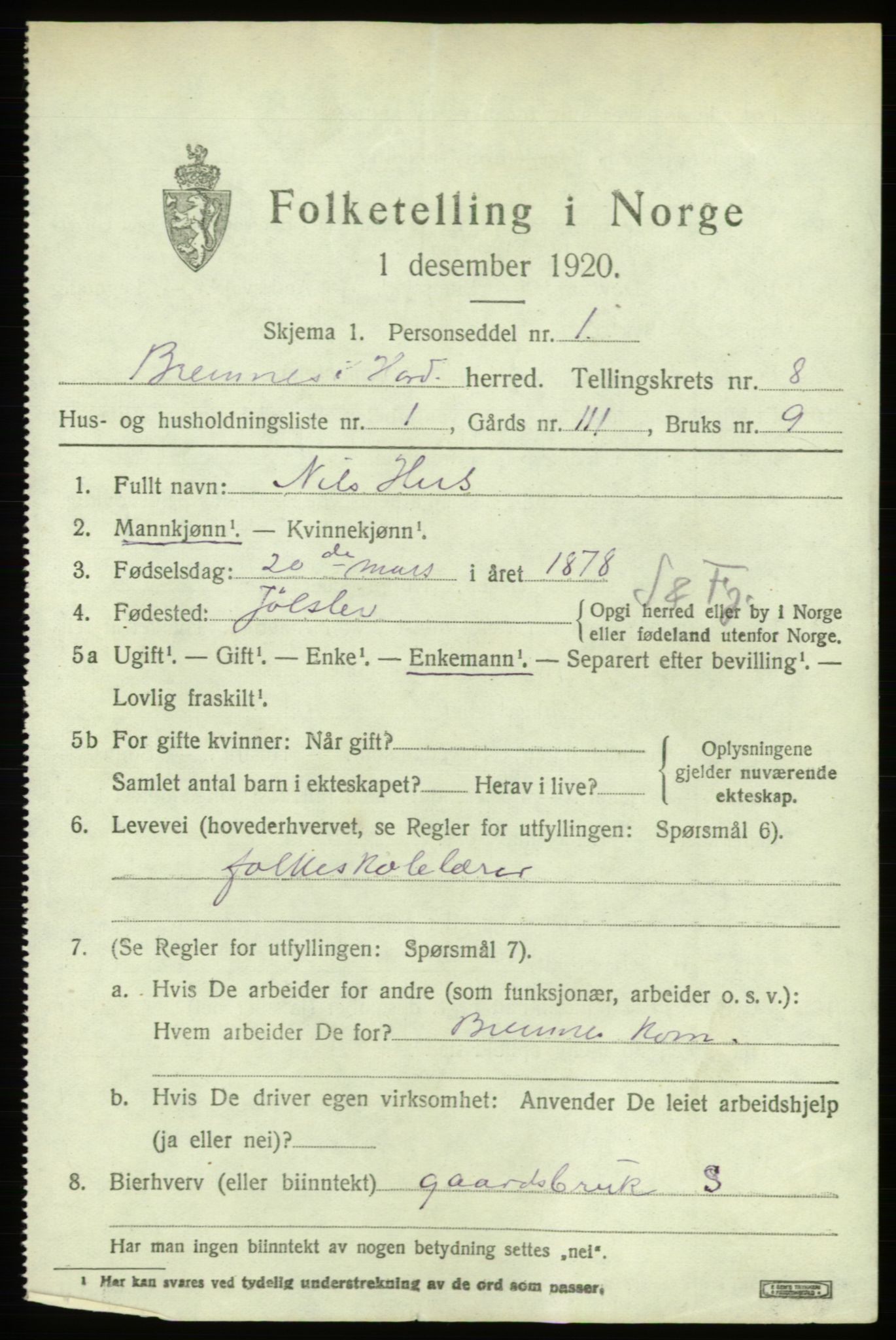 SAB, 1920 census for Bremnes, 1920, p. 5064