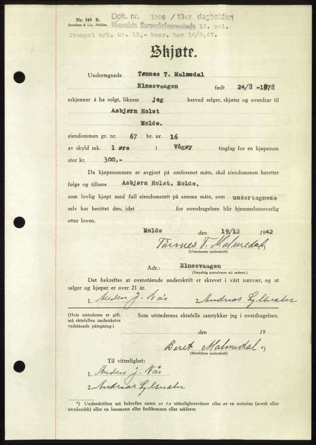 Romsdal sorenskriveri, AV/SAT-A-4149/1/2/2C: Mortgage book no. A23, 1947-1947, Diary no: : 1095/1947