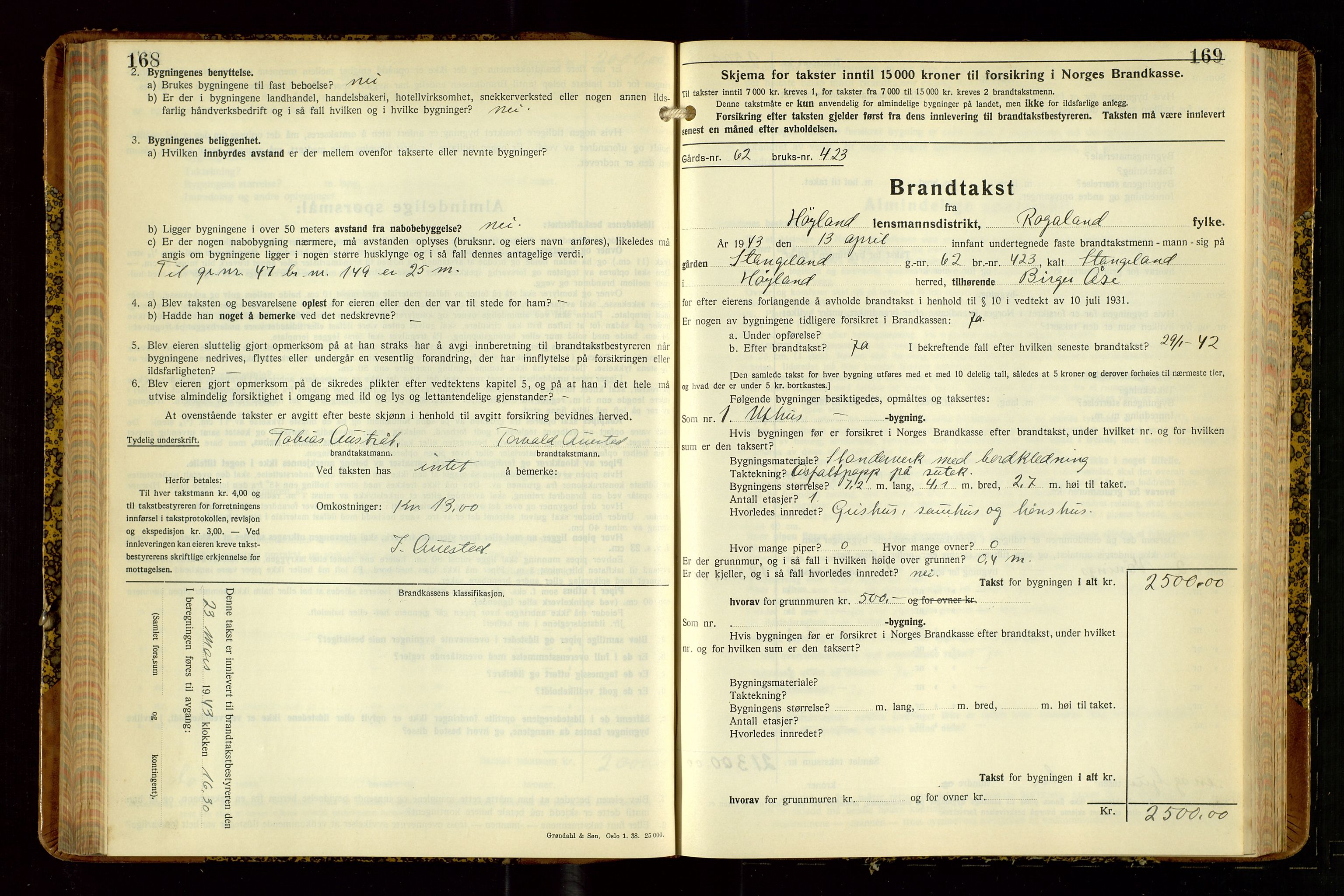 Høyland/Sandnes lensmannskontor, SAST/A-100166/Gob/L0008: "Branntakstprotokoll", 1940-1952, p. 168-169