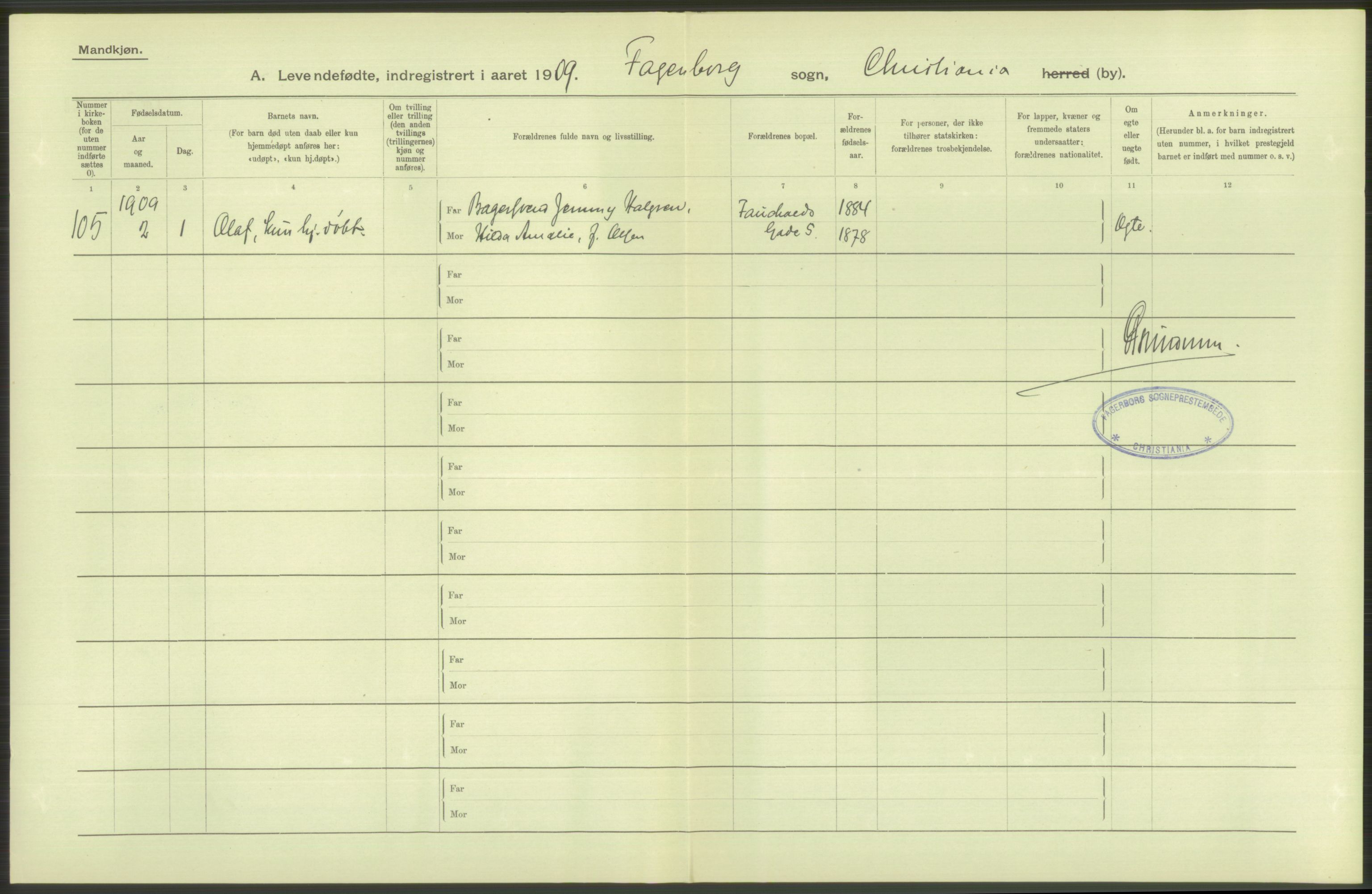 Statistisk sentralbyrå, Sosiodemografiske emner, Befolkning, AV/RA-S-2228/D/Df/Dfa/Dfag/L0007: Kristiania: Levendefødte menn og kvinner., 1909, p. 78