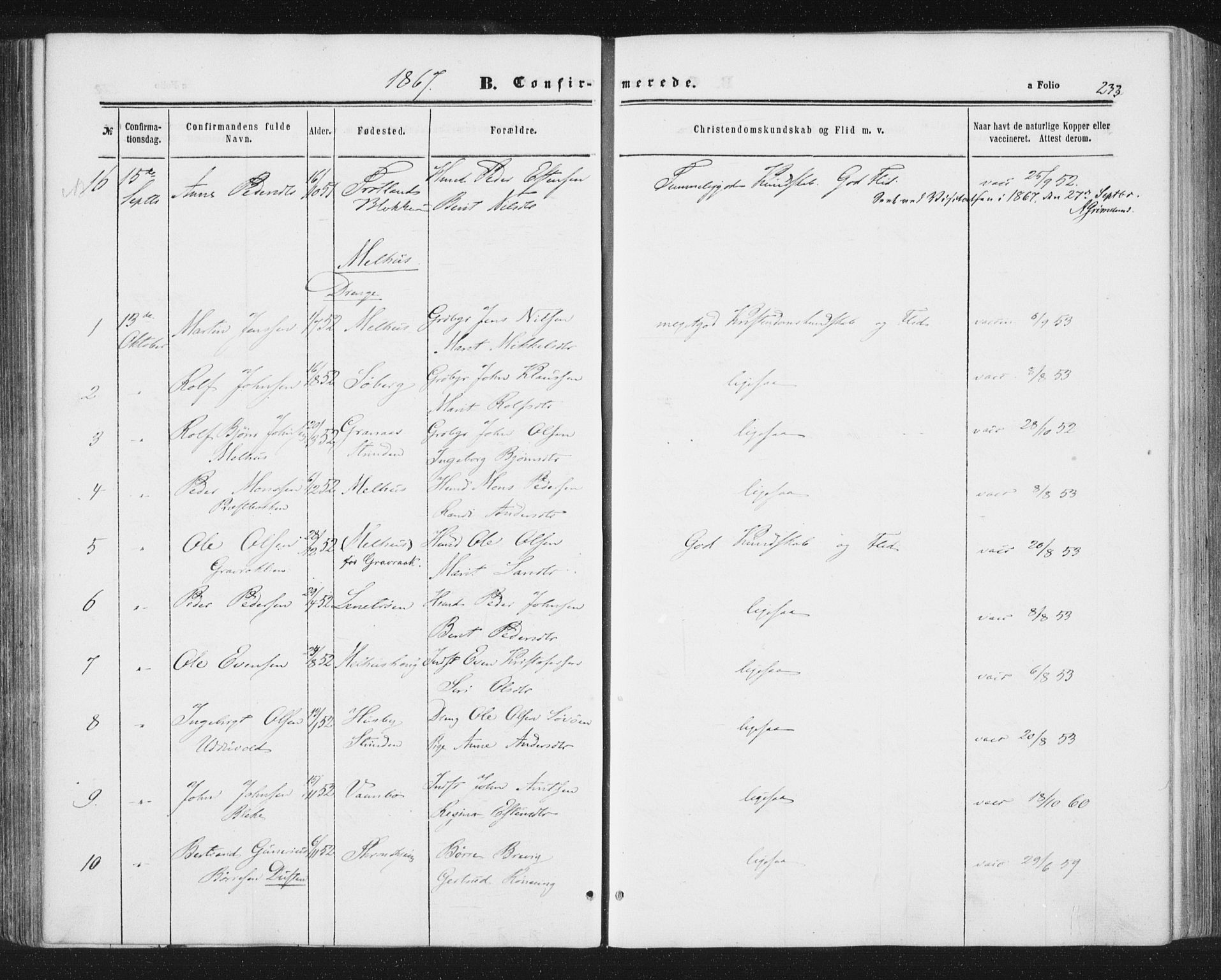 Ministerialprotokoller, klokkerbøker og fødselsregistre - Sør-Trøndelag, AV/SAT-A-1456/691/L1077: Parish register (official) no. 691A09, 1862-1873, p. 233