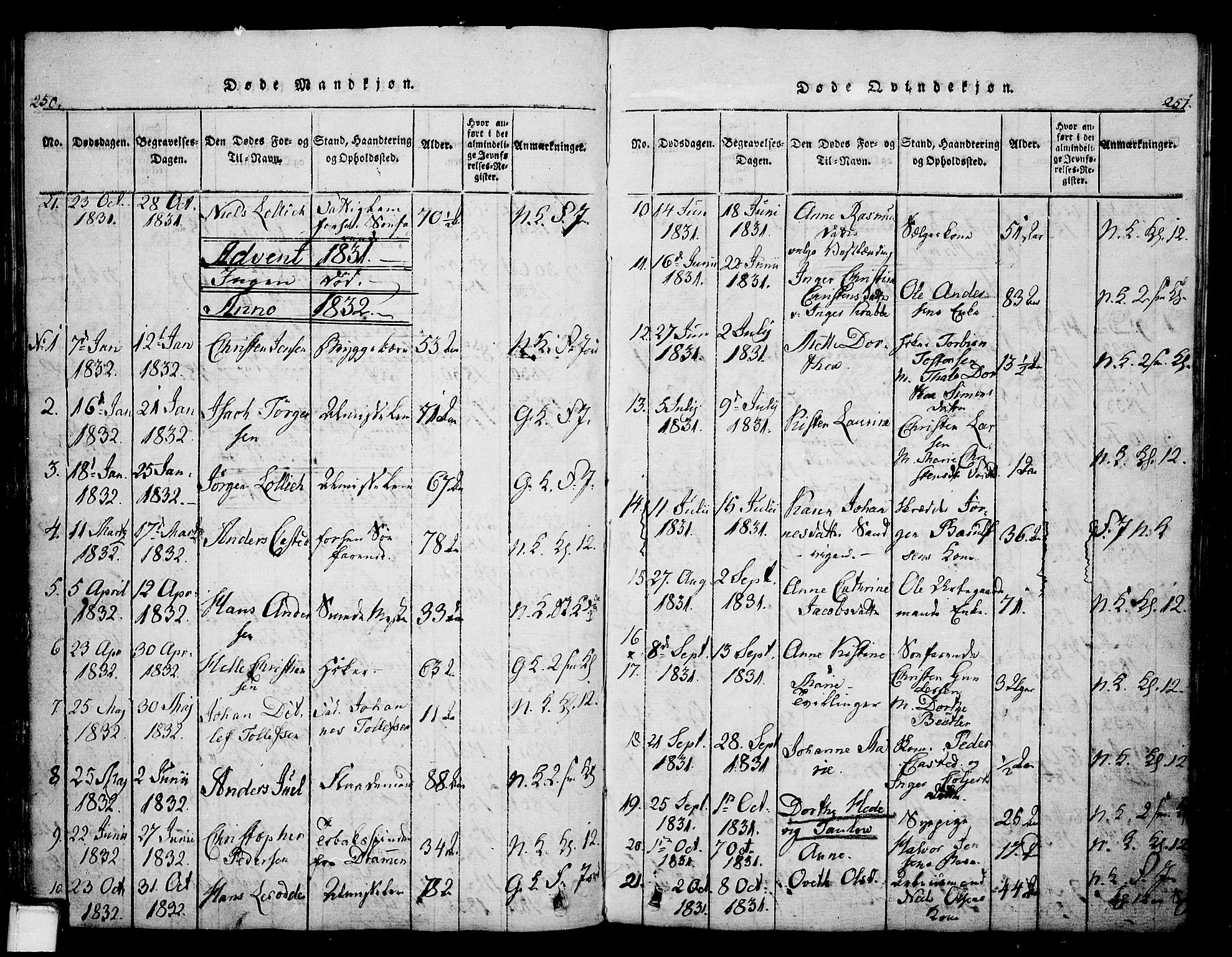 Skien kirkebøker, SAKO/A-302/G/Ga/L0002: Parish register (copy) no. 2, 1814-1842, p. 250-251