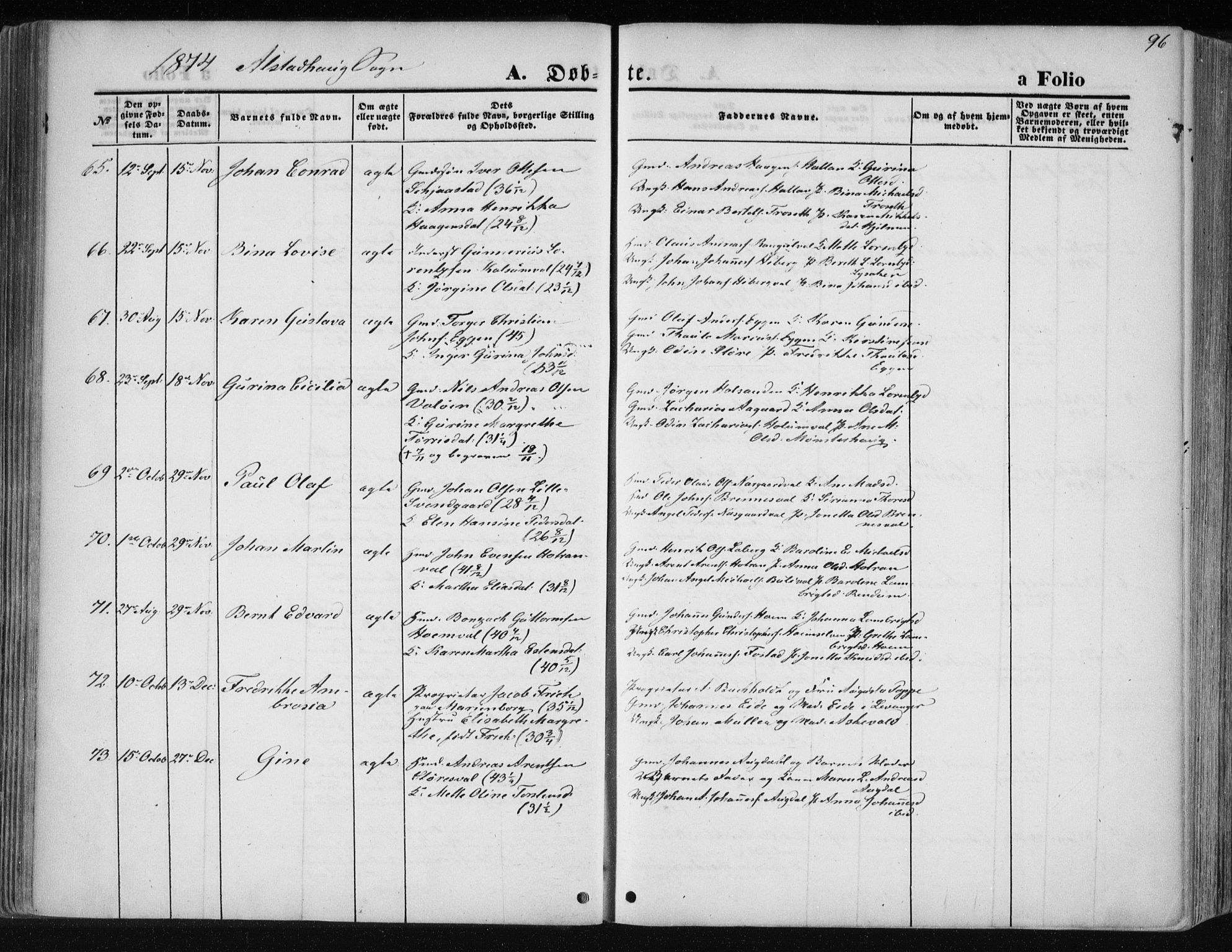 Ministerialprotokoller, klokkerbøker og fødselsregistre - Nord-Trøndelag, SAT/A-1458/717/L0157: Parish register (official) no. 717A08 /1, 1863-1877, p. 96