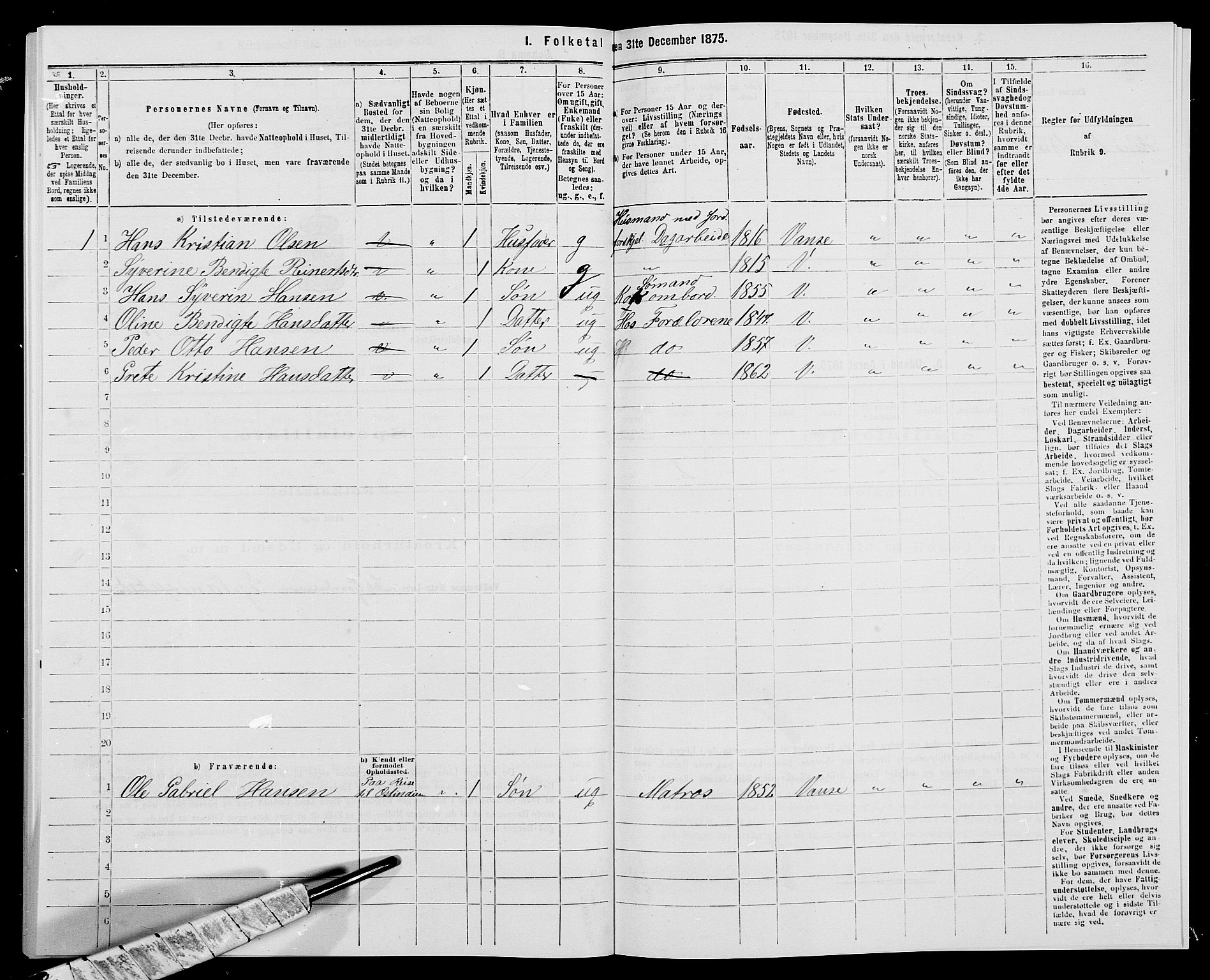 SAK, 1875 census for 1041L Vanse/Vanse og Farsund, 1875, p. 2141