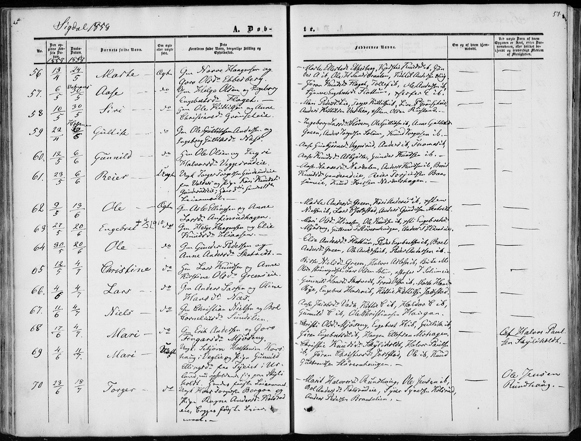 Sigdal kirkebøker, SAKO/A-245/F/Fa/L0008: Parish register (official) no. I 8, 1850-1859, p. 57